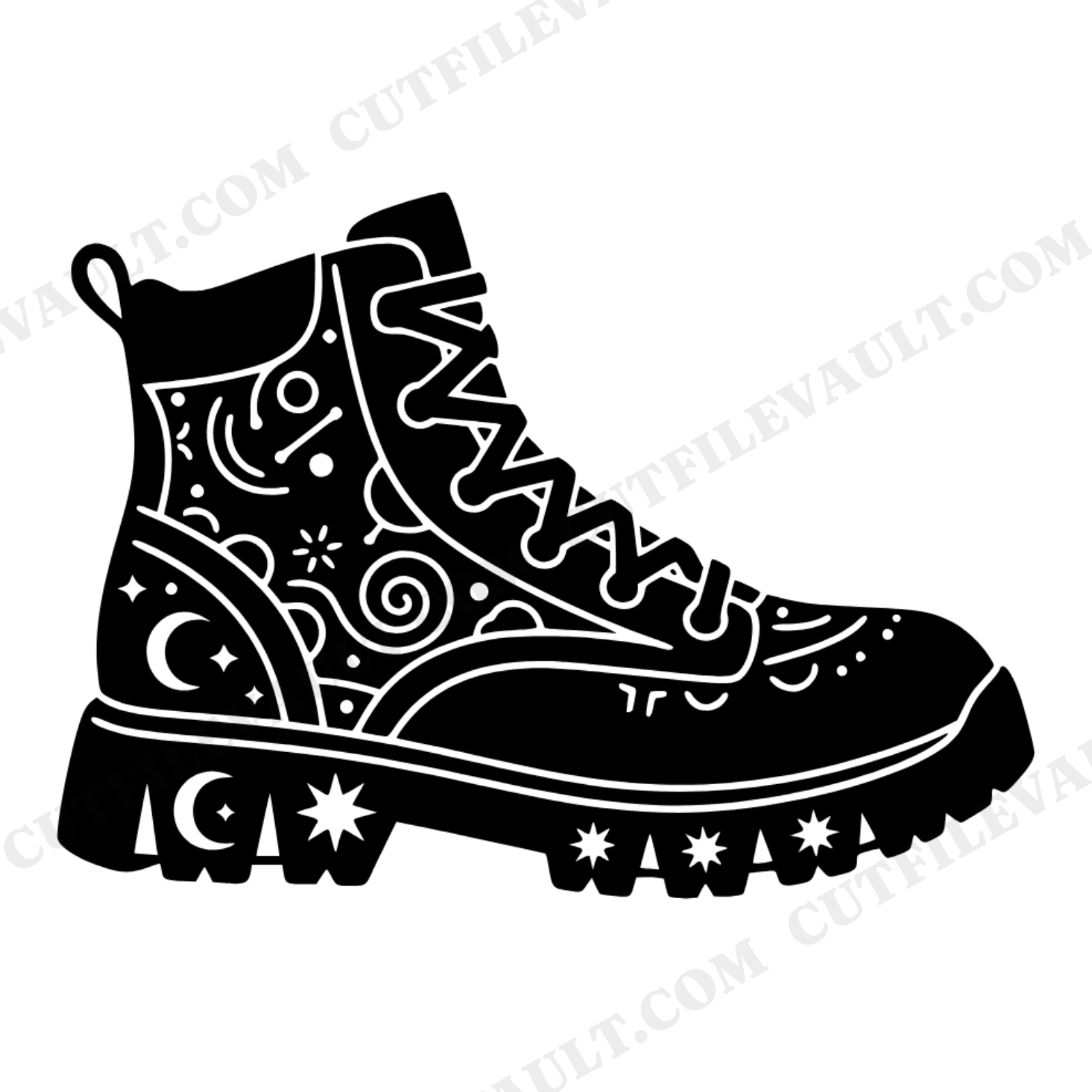 Celestial Hiking Boot SVG PNG, Geometric Tread Boot Silhouette Cut File, Mystical Outdoor Adventure, view 1