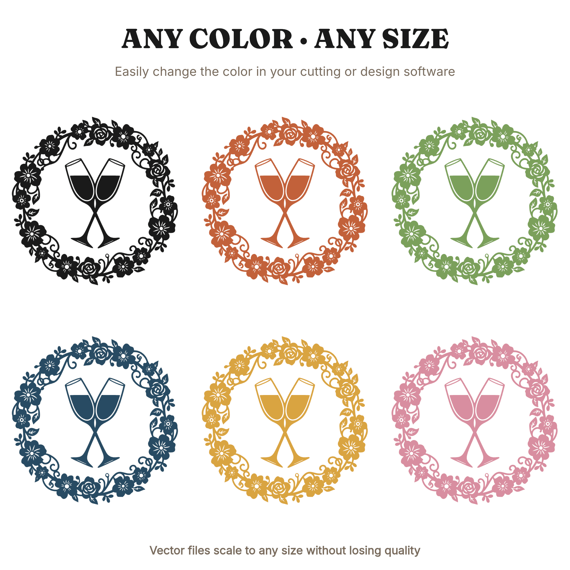 Crossed Champagne Flutes SVG PNG, Floral Wreath Valentine Cut File, Cottagecore Wedding Toast, view 2