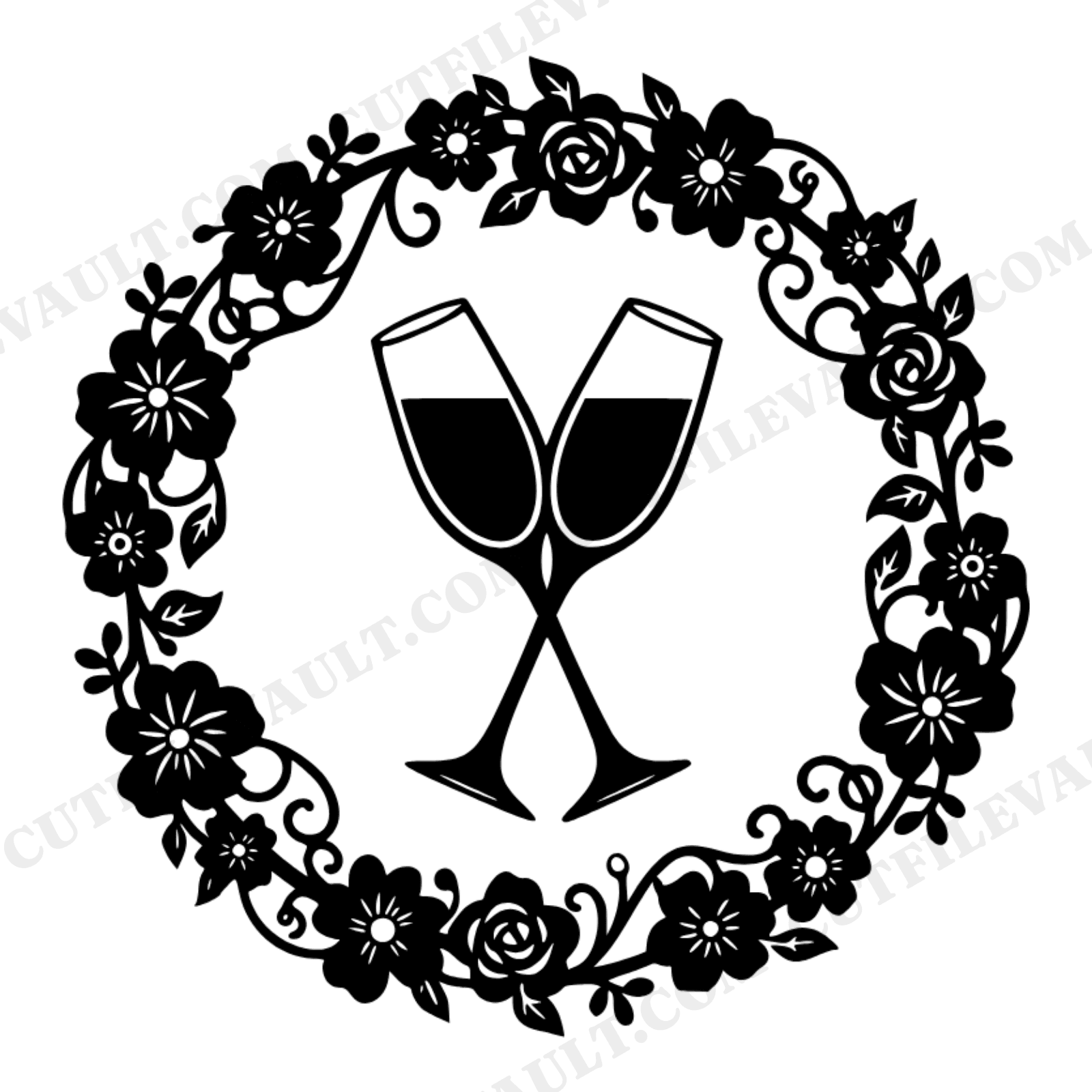 Crossed Champagne Flutes SVG PNG, Floral Wreath Valentine Cut File, Cottagecore Wedding Toast, view 1