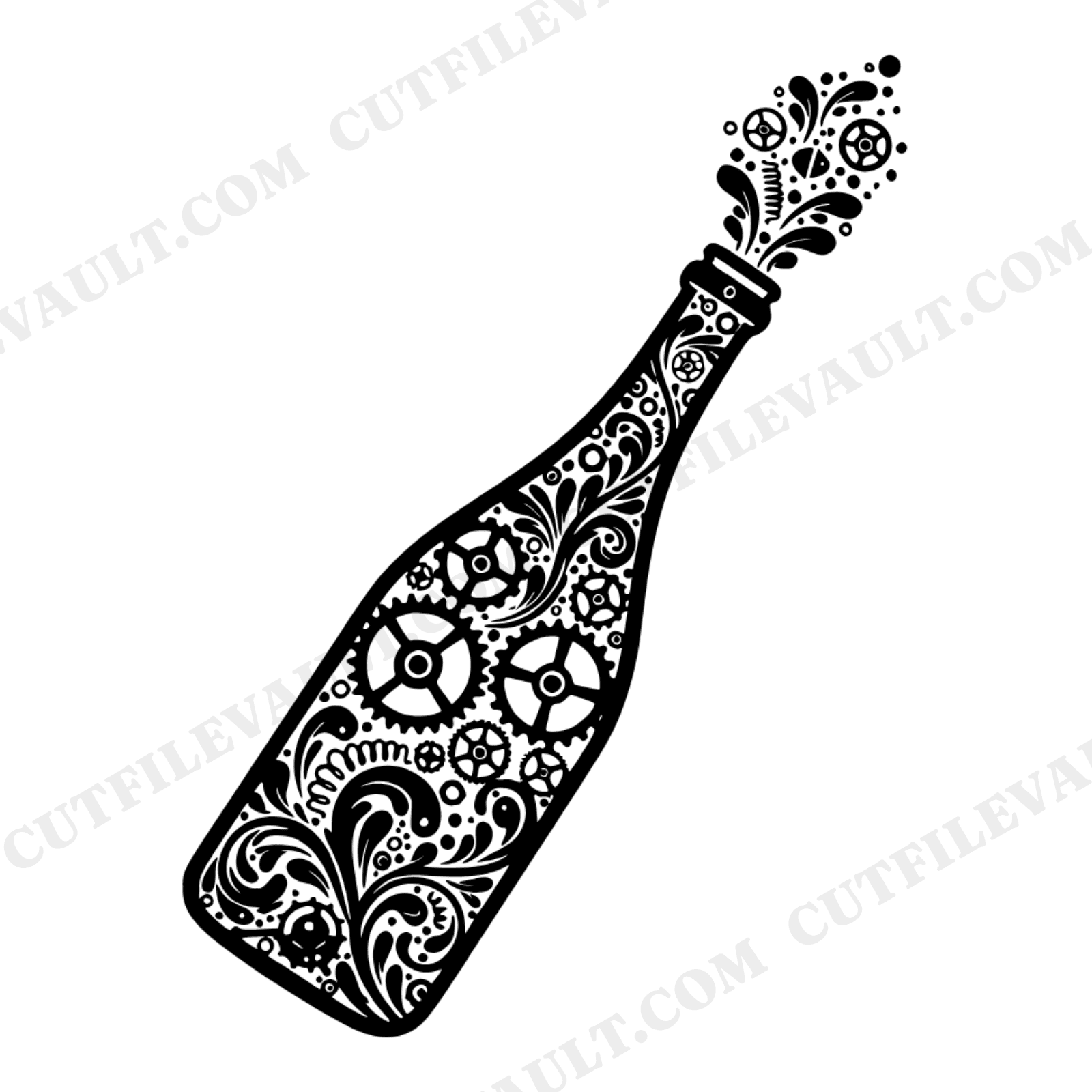 St Patricks Steampunk Champagne Bottle SVG PNG, Irish Wedding Toast Vintage Botanical Cut File, view 1