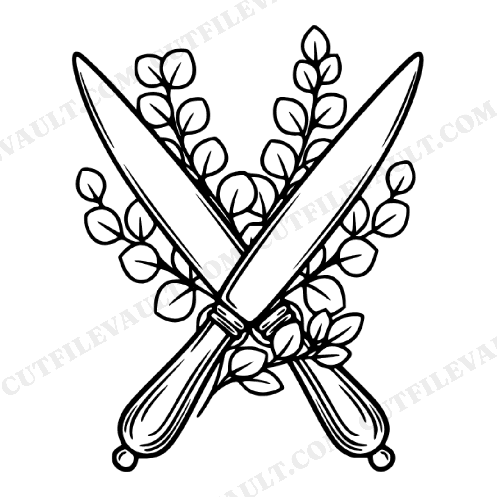 Crossed Cake Knives SVG PNG, Eucalyptus Botanical Wedding Cake Silhouette Cut File, view 1