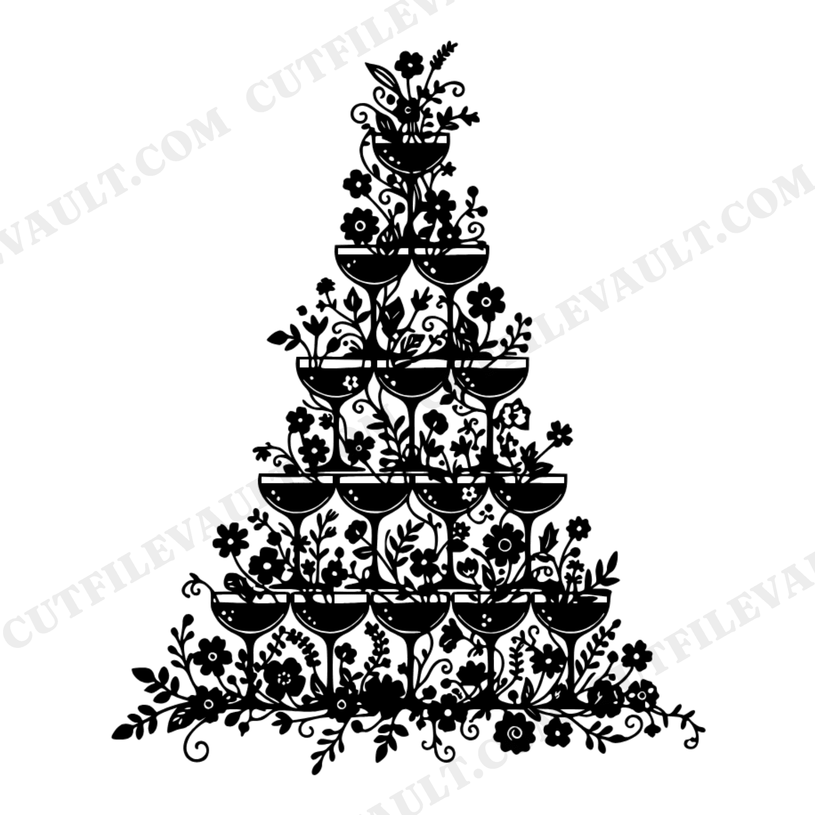 Champagne Tower with Floral Garland SVG PNG New Year Celebration Cottagecore Party Decor Cut File, view 1