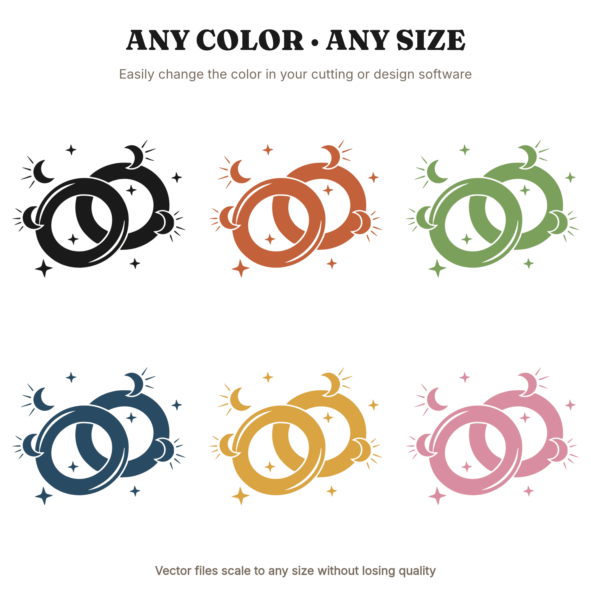 Celestial Wedding Rings SVG PNG, Intertwined Rings with Moon and Stars Cut File, Retro 1970s Wedding, view 2