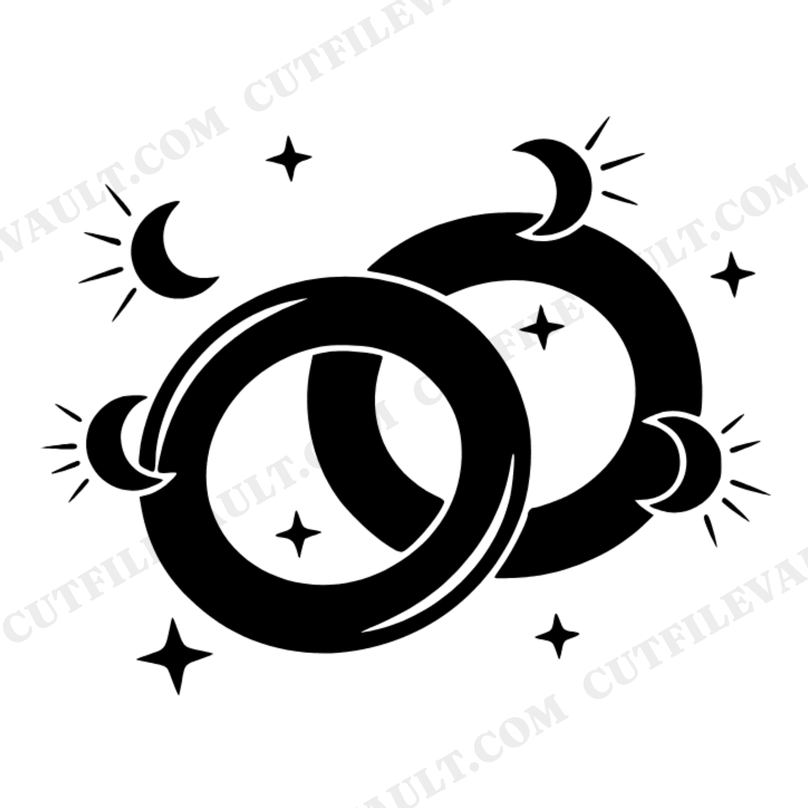 Celestial Wedding Rings SVG PNG, Intertwined Rings with Moon and Stars Cut File, Retro 1970s Wedding, view 1
