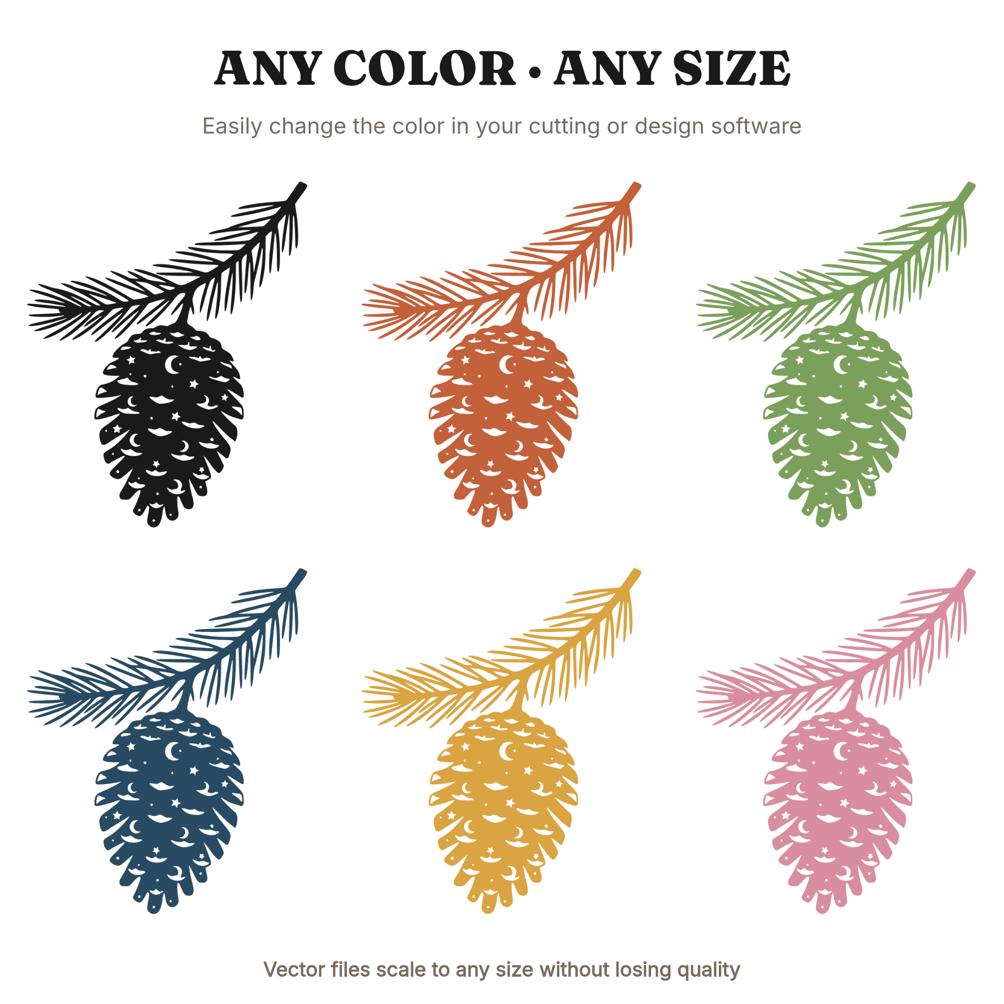 Celestial Pinecone Branch SVG PNG, Mystical Botanical Silhouette Cut File, Diagonal Holiday Decor, view 2