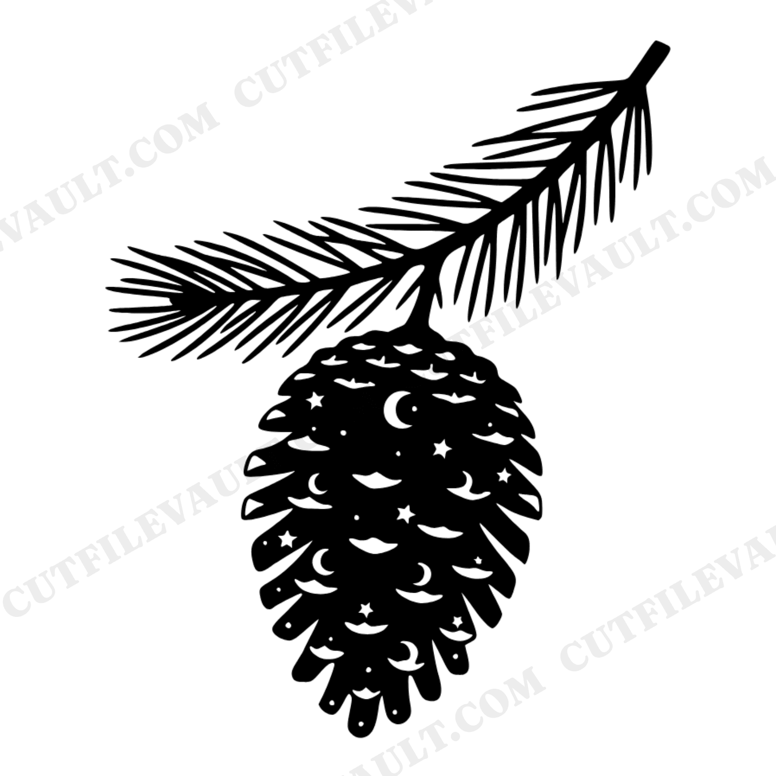 Celestial Pinecone Branch SVG PNG, Mystical Botanical Silhouette Cut File, Diagonal Holiday Decor, view 1