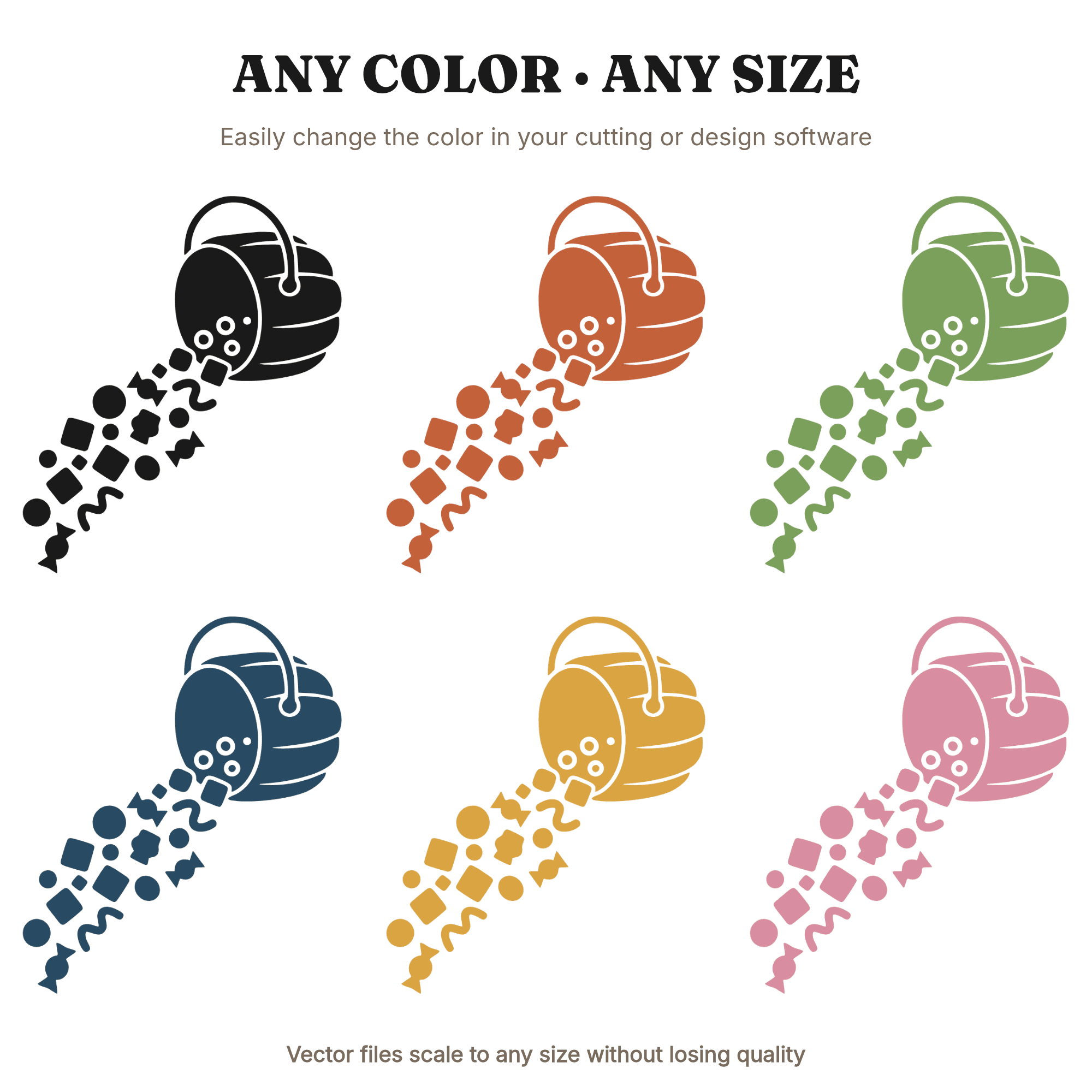Pumpkin Bucket Spilling Candy SVG PNG, Mid Century Halloween Trick or Treat Cut File, view 2