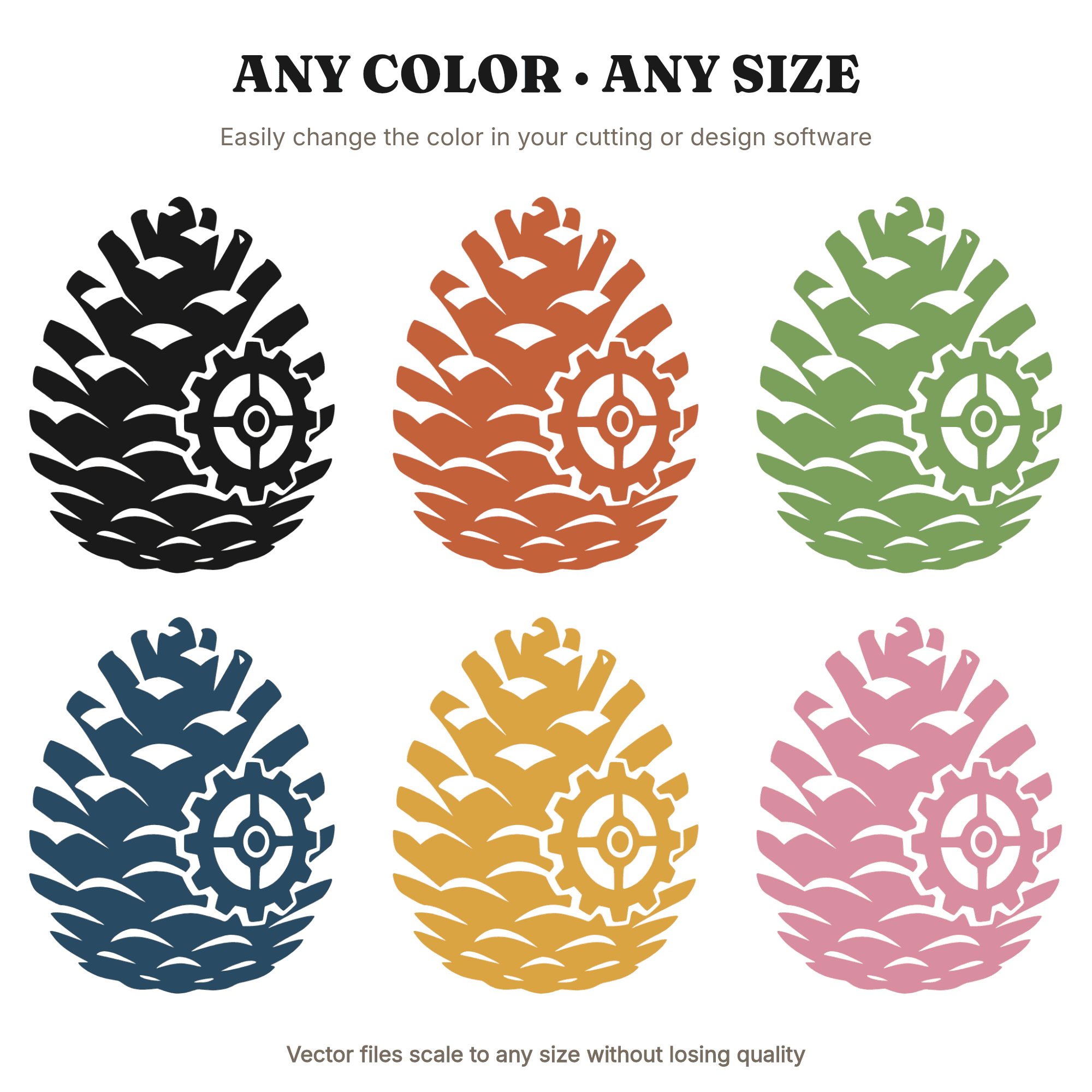 Steampunk Pine Cone SVG PNG, Gear Accent Botanical Silhouette, Autumn Hiking Cut File, view 2