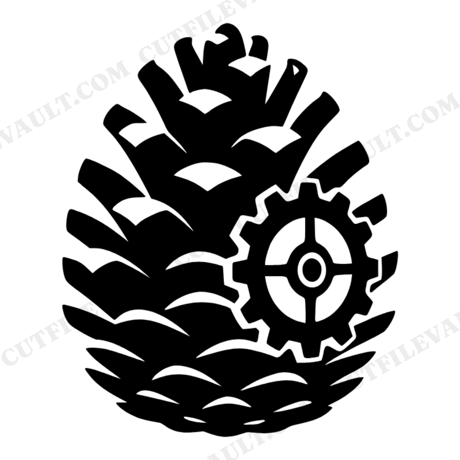 Steampunk Pine Cone SVG PNG, Gear Accent Botanical Silhouette, Autumn Hiking Cut File, view 1