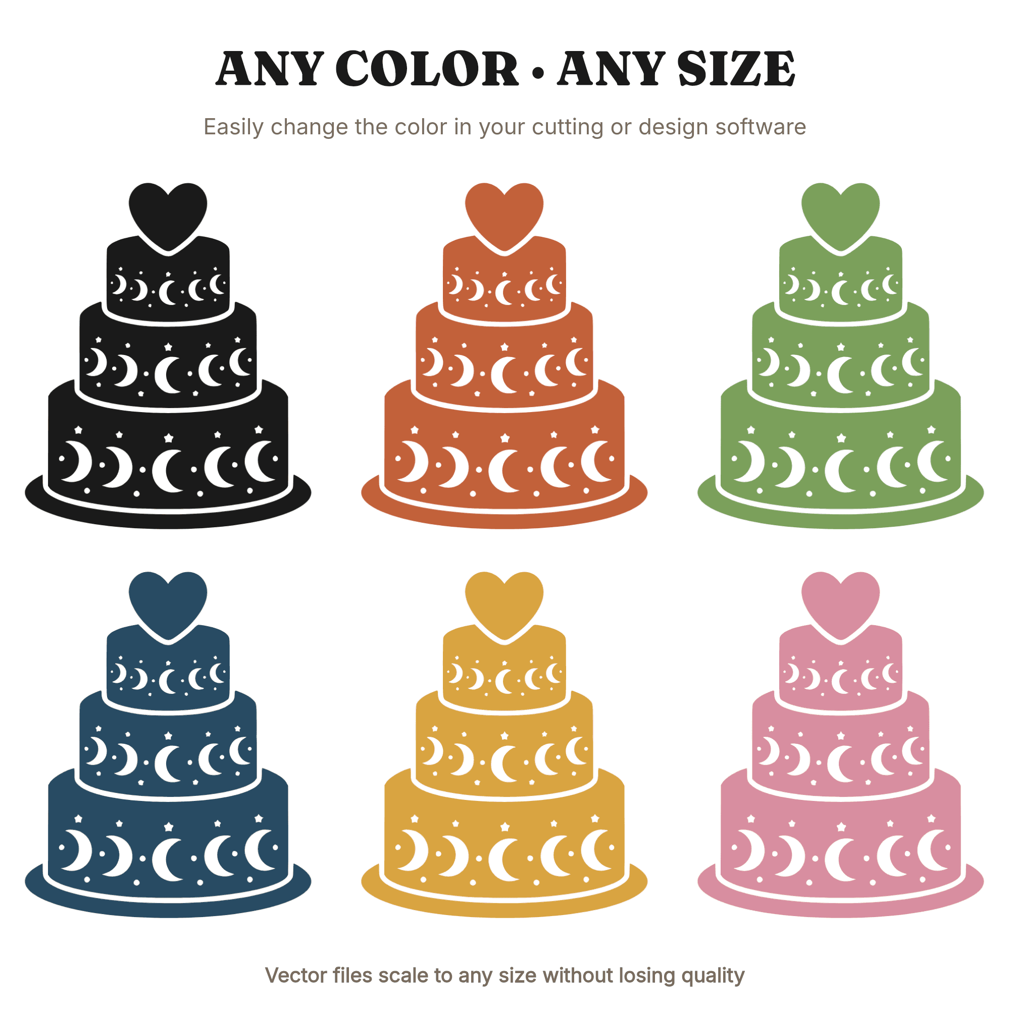 Celestial Wedding Cake SVG PNG, Heart Tier with Moons and Stars, Mystical Valentine Wedding Cut File, view 2