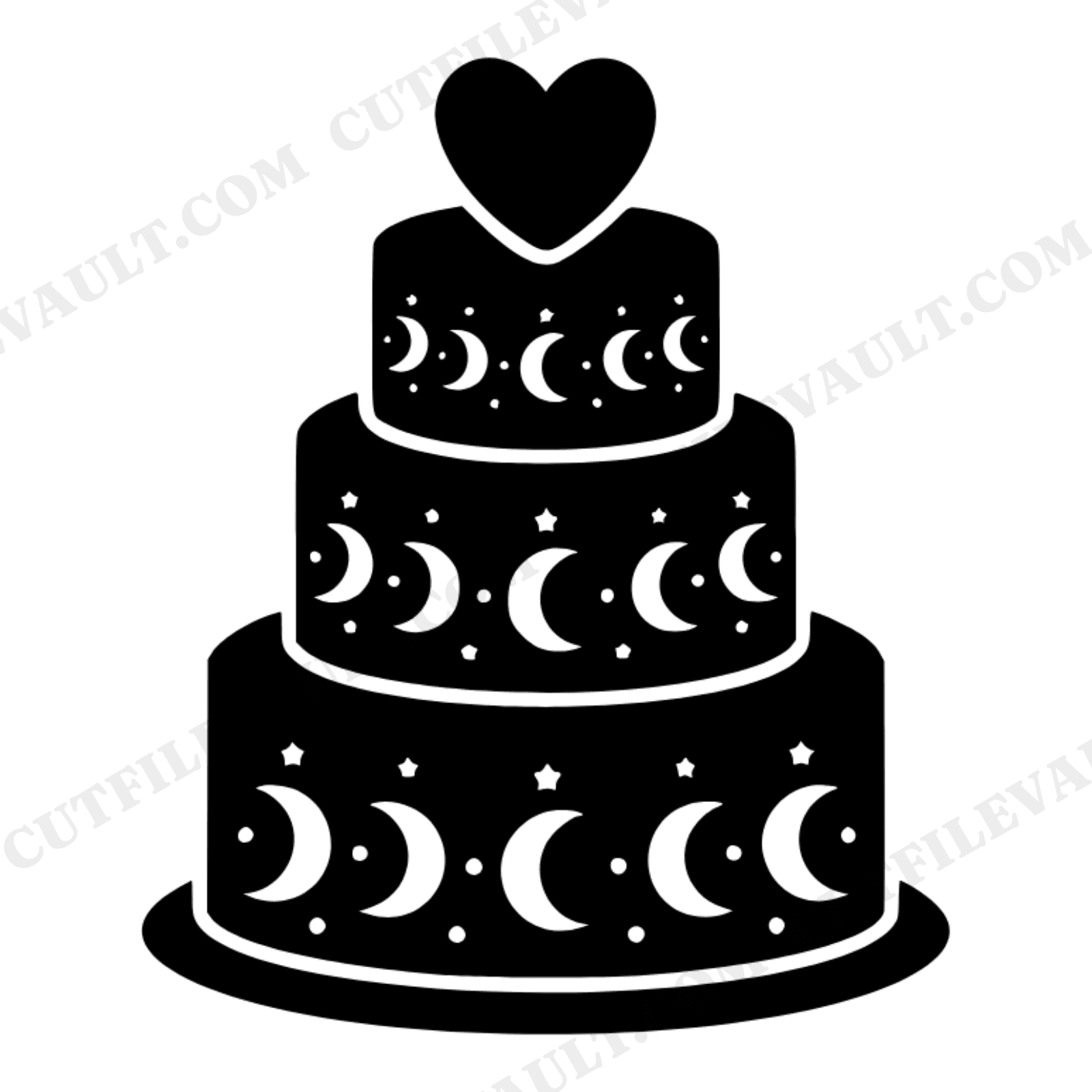 Celestial Wedding Cake SVG PNG, Heart Tier with Moons and Stars, Mystical Valentine Wedding Cut File, view 1