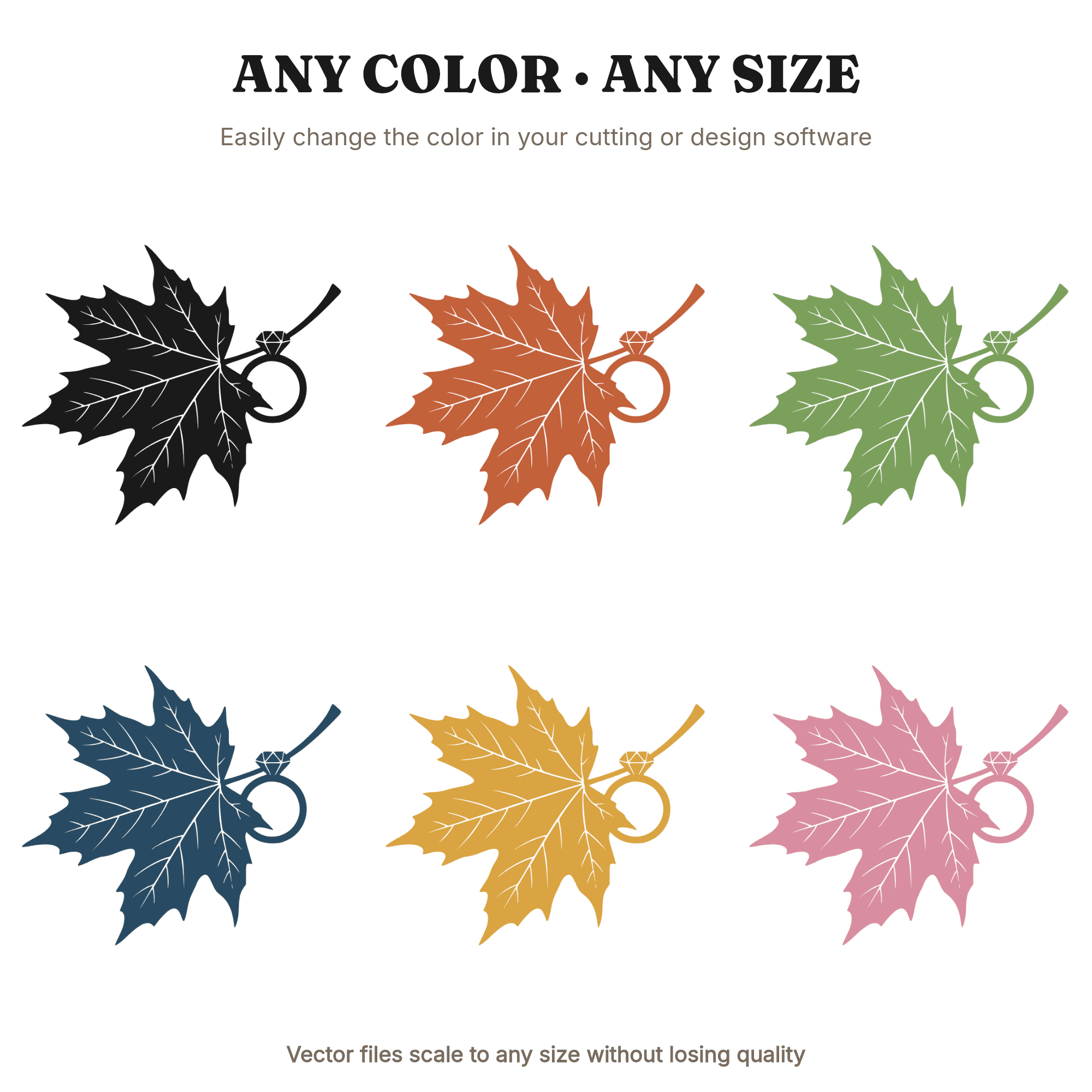 Autumn Engagement Ring Maple Leaf SVG PNG, Fall Wedding Silhouette, Bridal Line Art Cut File, view 2
