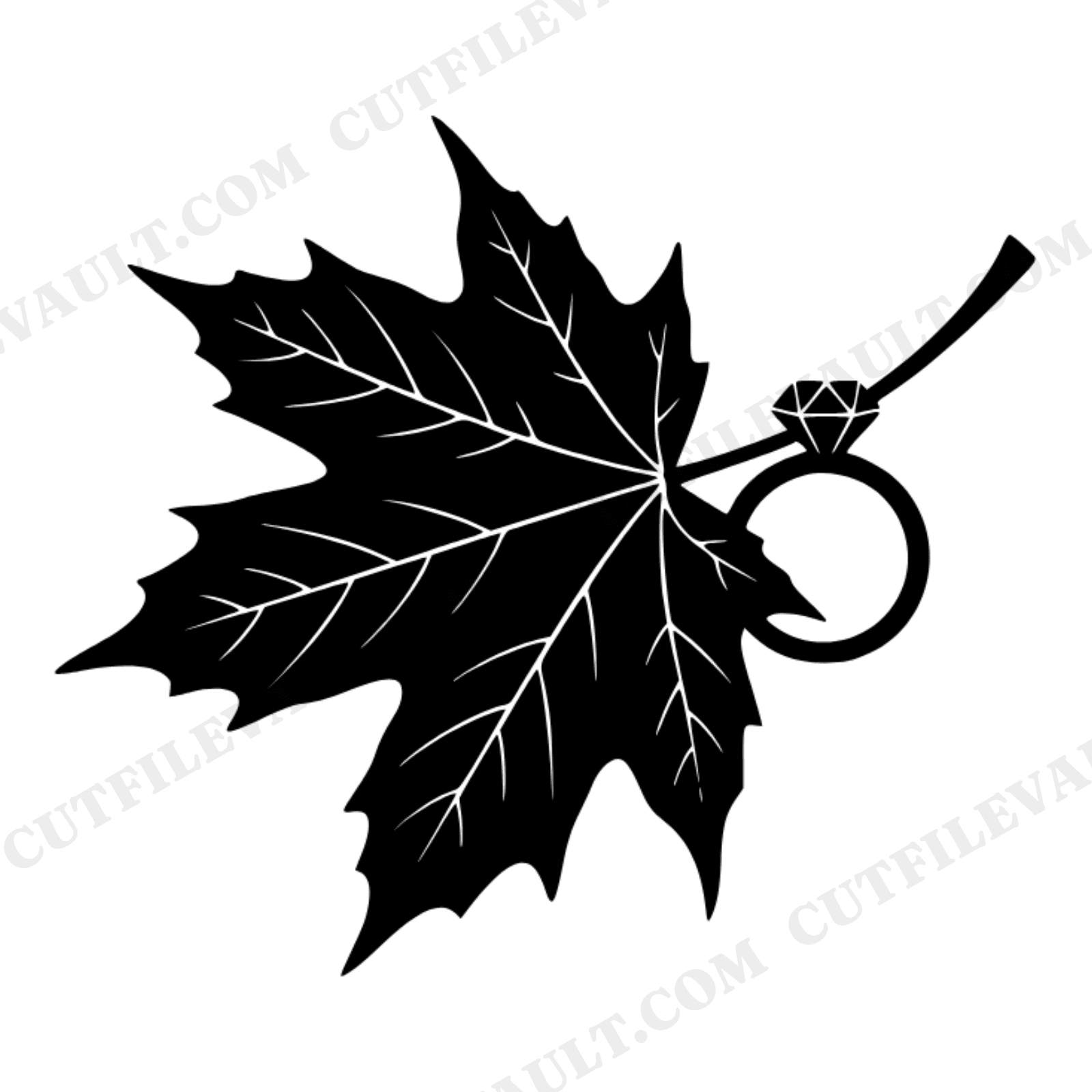 Autumn Engagement Ring Maple Leaf SVG PNG, Fall Wedding Silhouette, Bridal Line Art Cut File, view 1