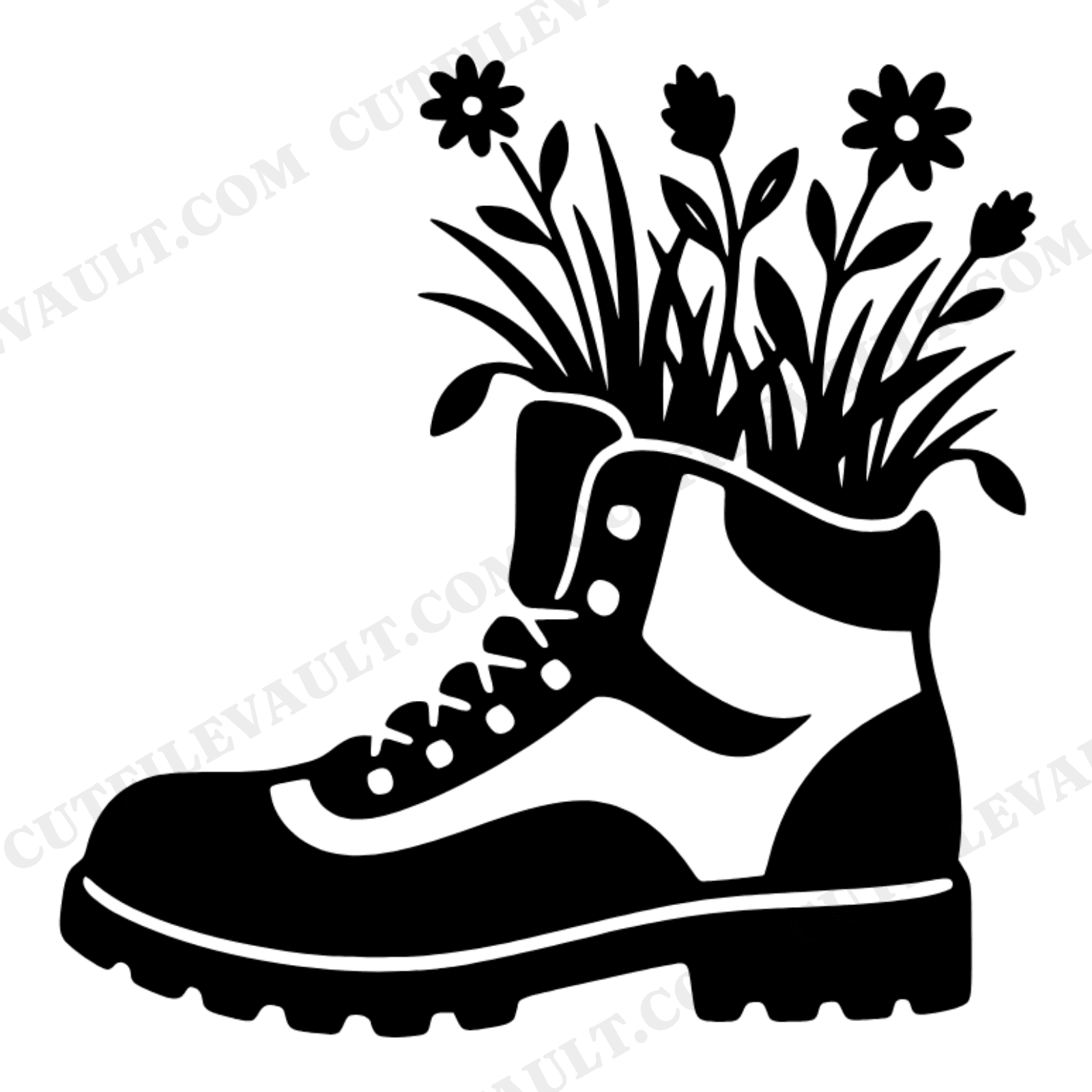 Hiking Boot Planter SVG PNG, Spring Wildflower Boot Cut File, Outdoor Trail Adventure Design, view 1