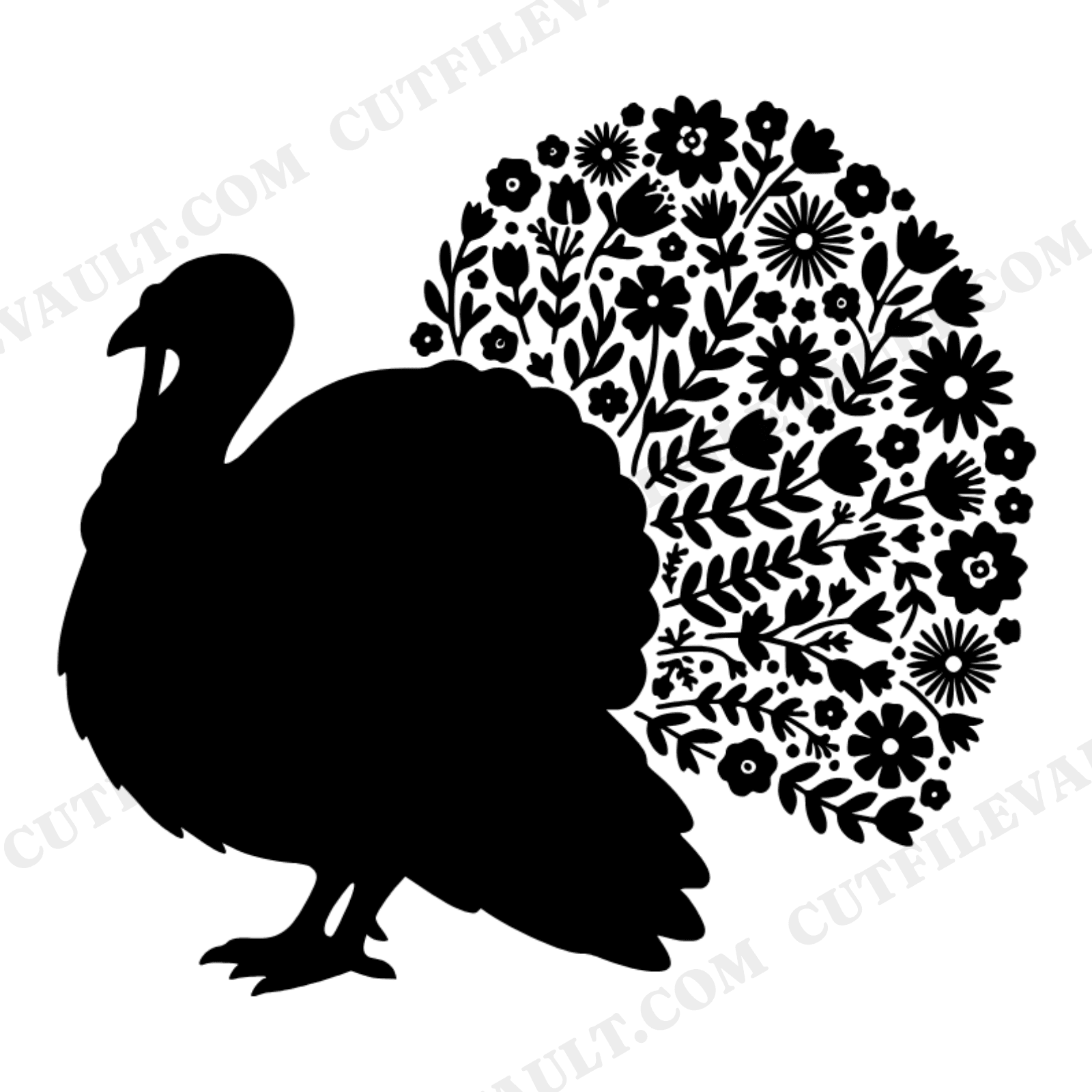 Cottagecore Turkey SVG PNG, Floral Turkey Silhouette Cut File, Thanksgiving Nursery Decor, view 1