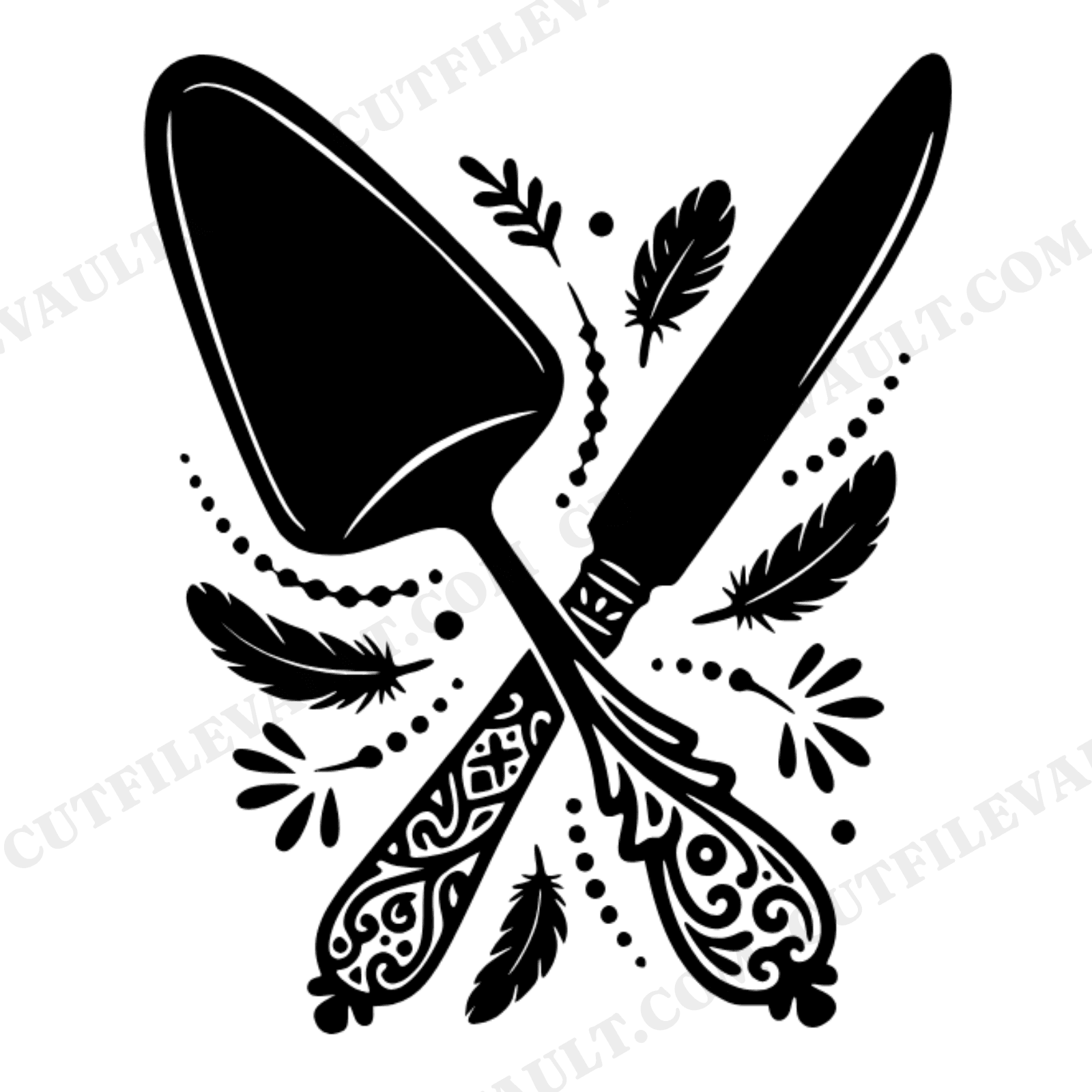 Crossed Cake Server and Knife SVG PNG Thanksgiving Dessert Boho Silhouette Cut File, view 1