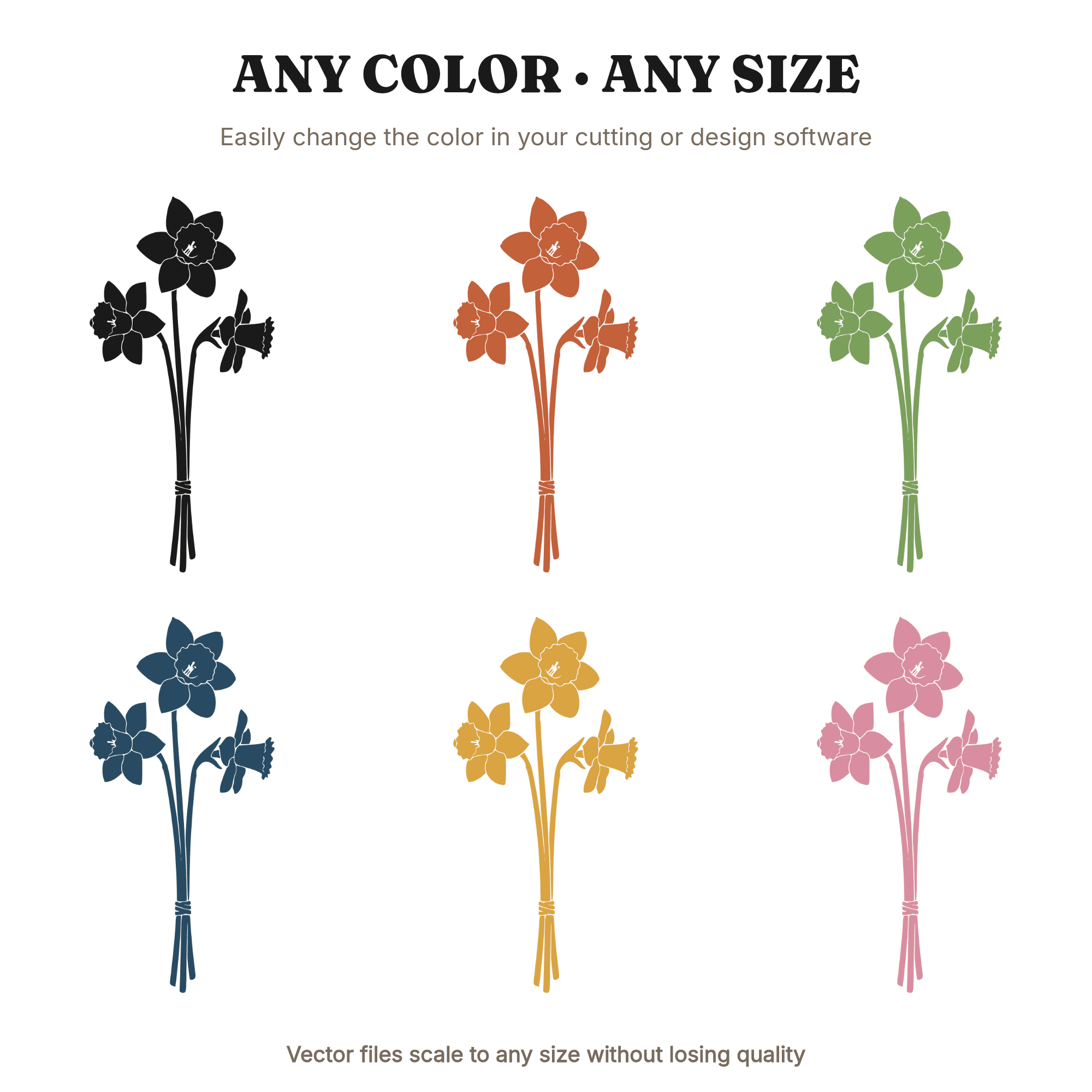 Easter Daffodil Cluster SVG PNG, Three Stems Tied Boho Spring Flower Silhouette Cut File, view 2