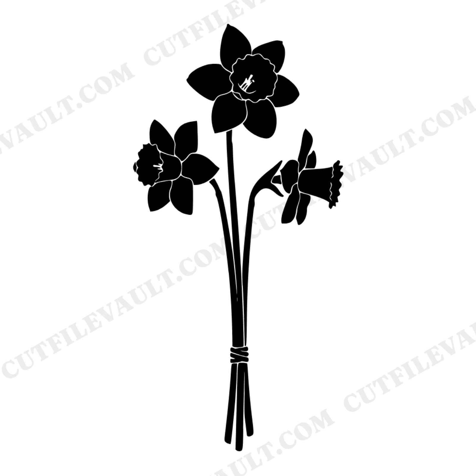 Easter Daffodil Cluster SVG PNG, Three Stems Tied Boho Spring Flower Silhouette Cut File, view 1