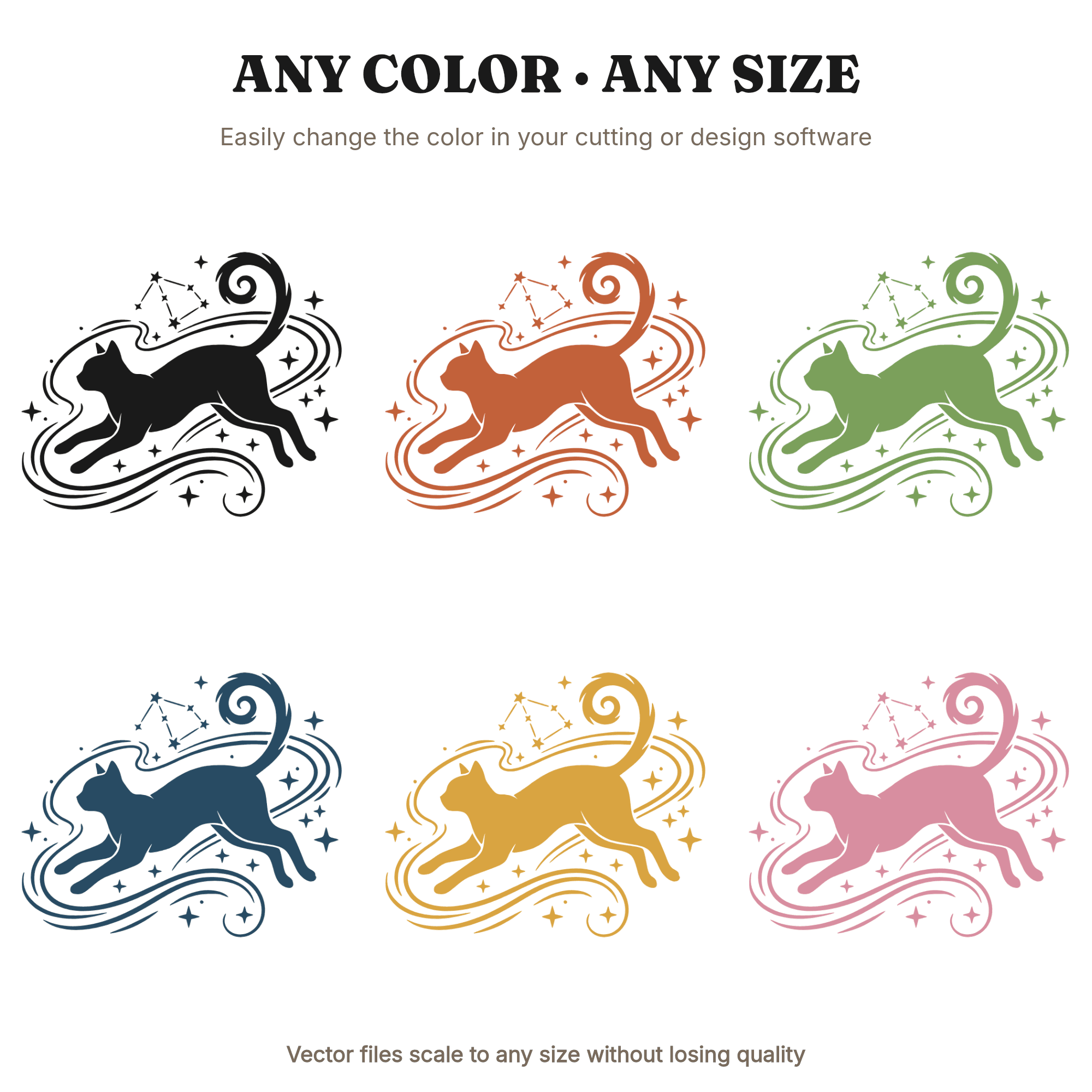 Celestial Cat Leap SVG PNG, Retro 70s Constellation Cat with Spiral Tail Cut File for Cricut, view 2