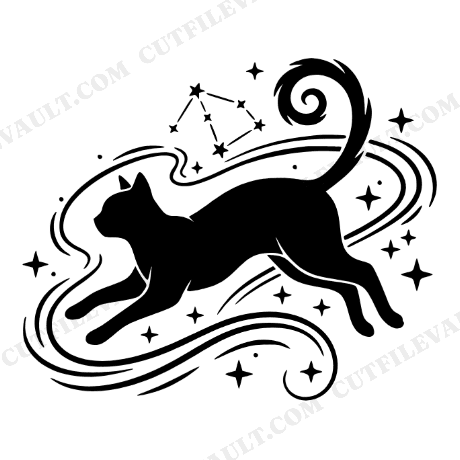 Celestial Cat Leap SVG PNG, Retro 70s Constellation Cat with Spiral Tail Cut File for Cricut, view 1