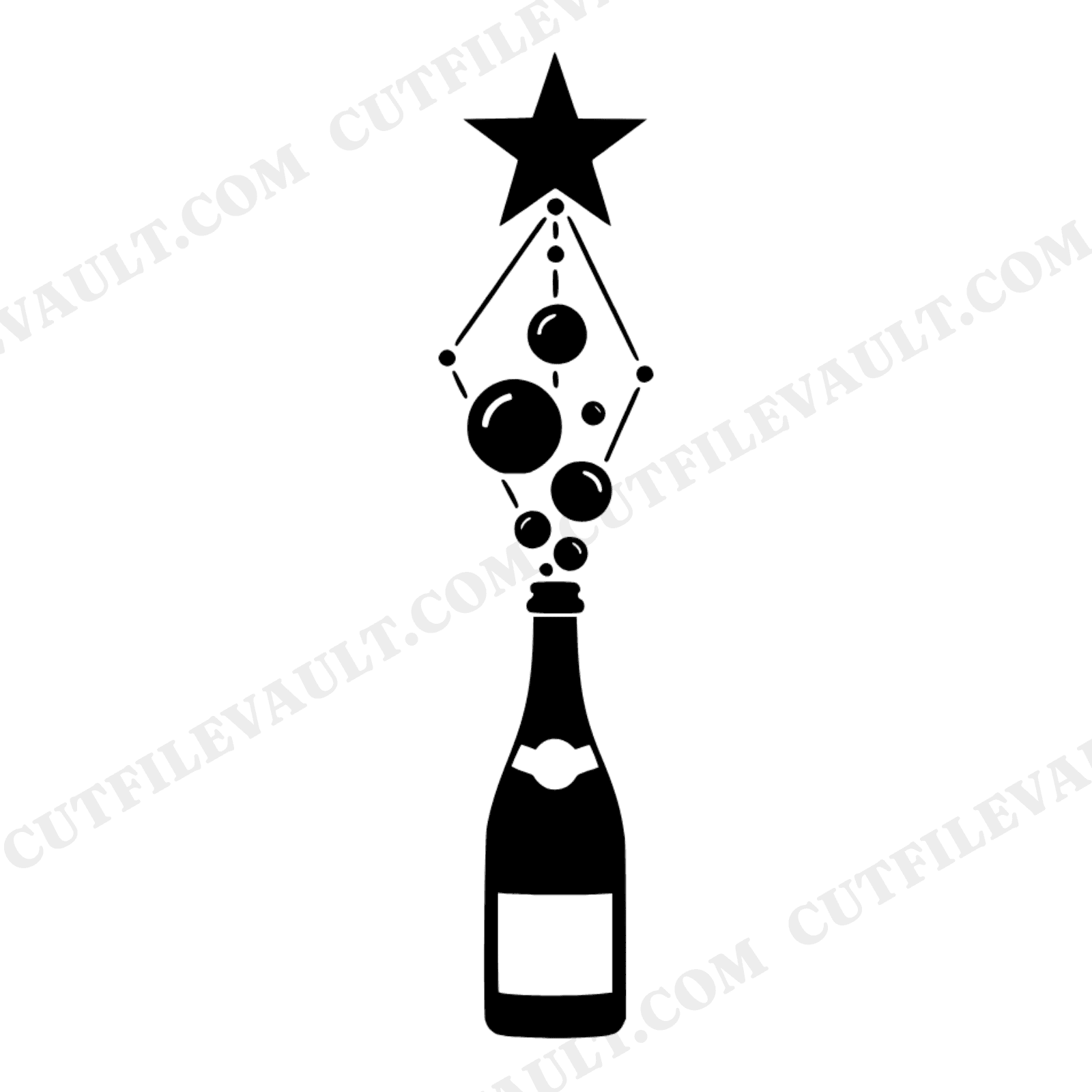 Champagne Bottle SVG with Celestial Bubbles and Star PNG, New Year Party Line Art Cut File, view 1