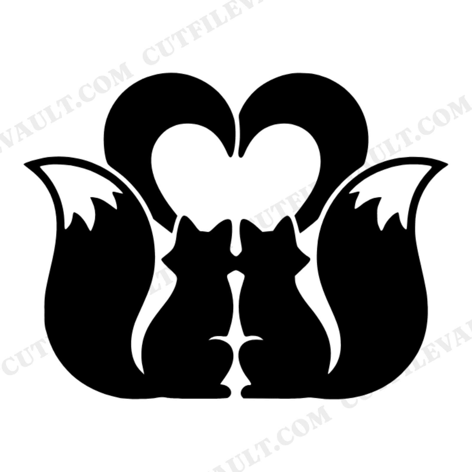 Valentine Fox Pair Heart Tail Silhouette SVG PNG, Retro Woodland Love Cut File for Cricut, view 1