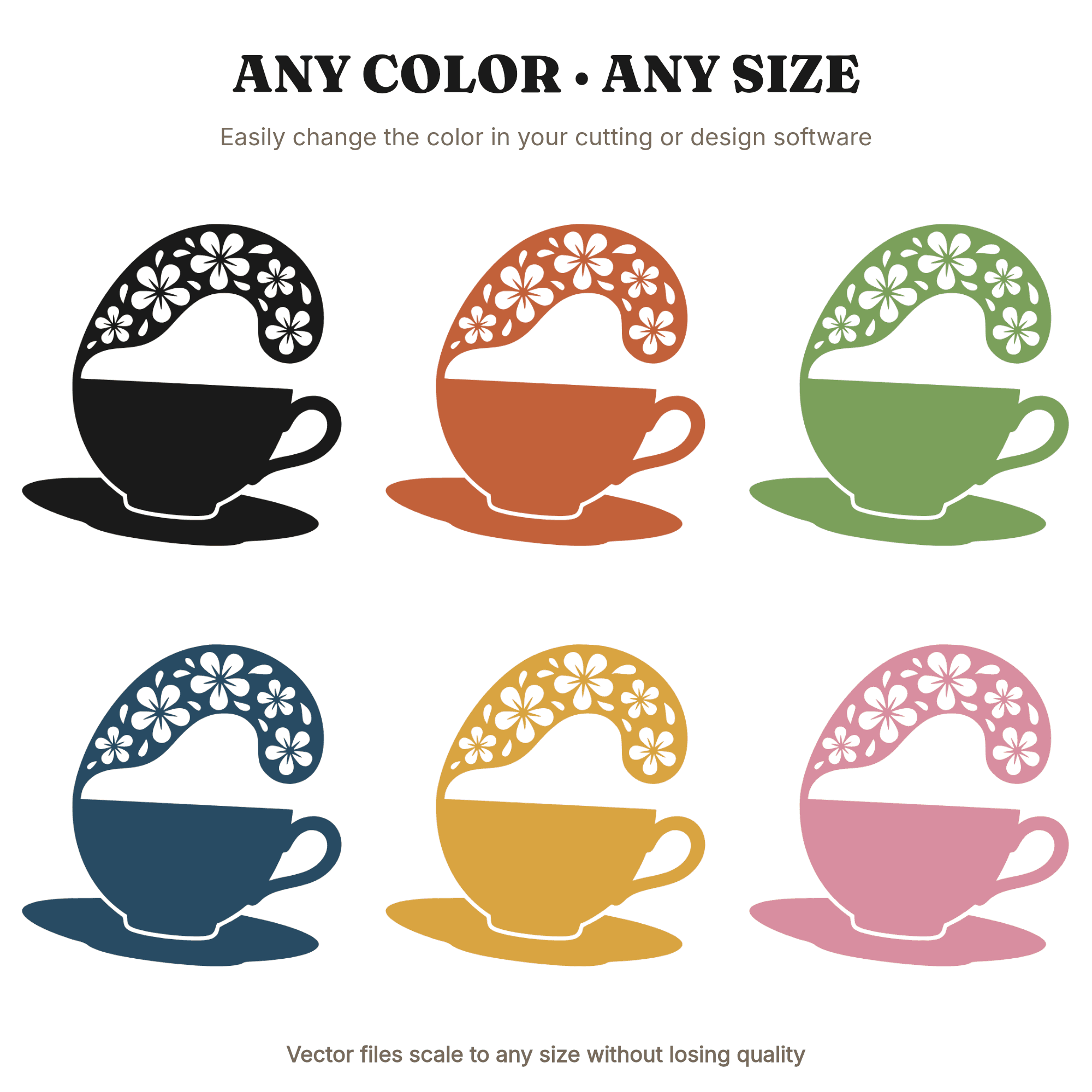 Tilted Teacup SVG PNG Folk Art Floral Handle Silhouette Cut File for Bridal Shower Kitchen Decor, view 2