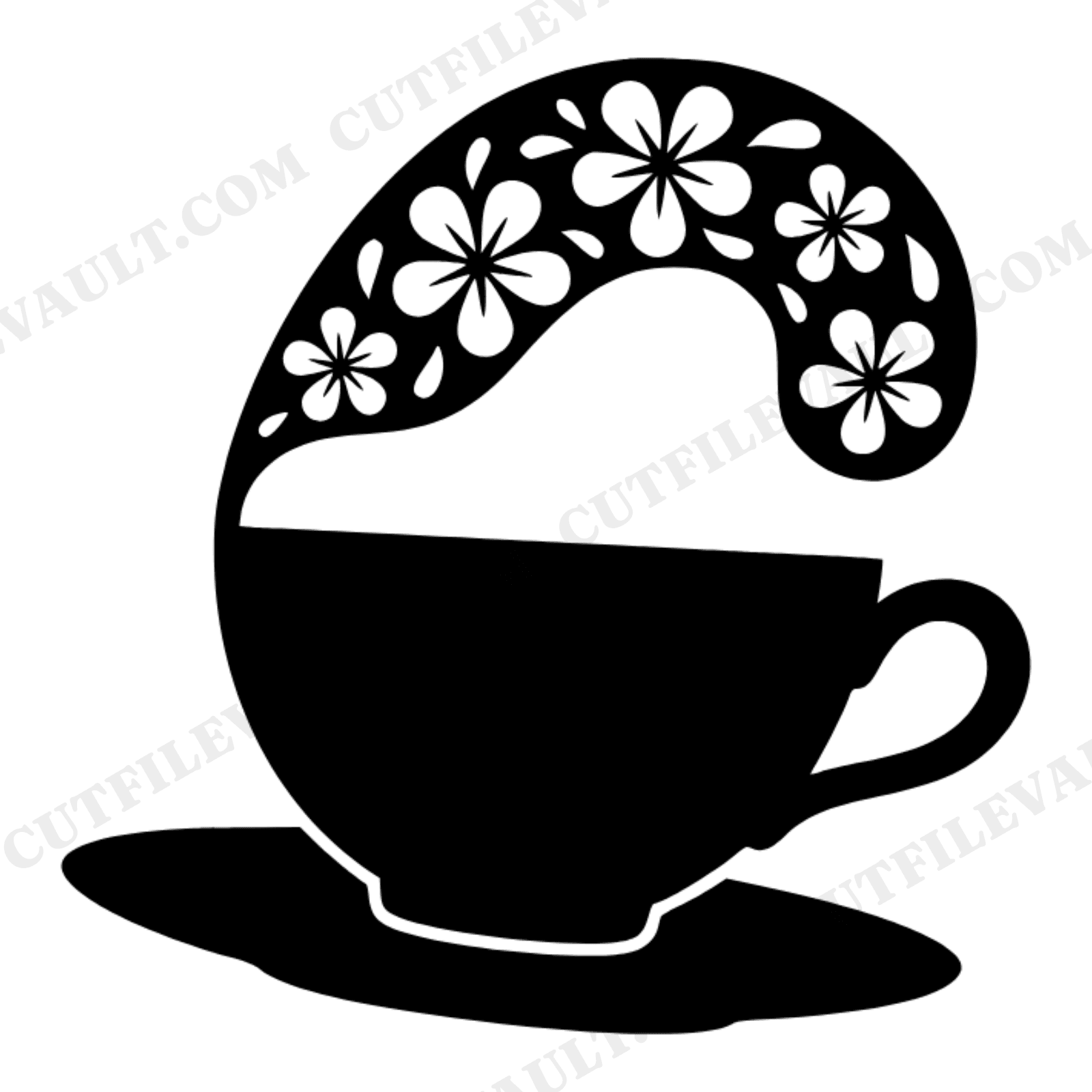 Tilted Teacup SVG PNG Folk Art Floral Handle Silhouette Cut File for Bridal Shower Kitchen Decor, view 1