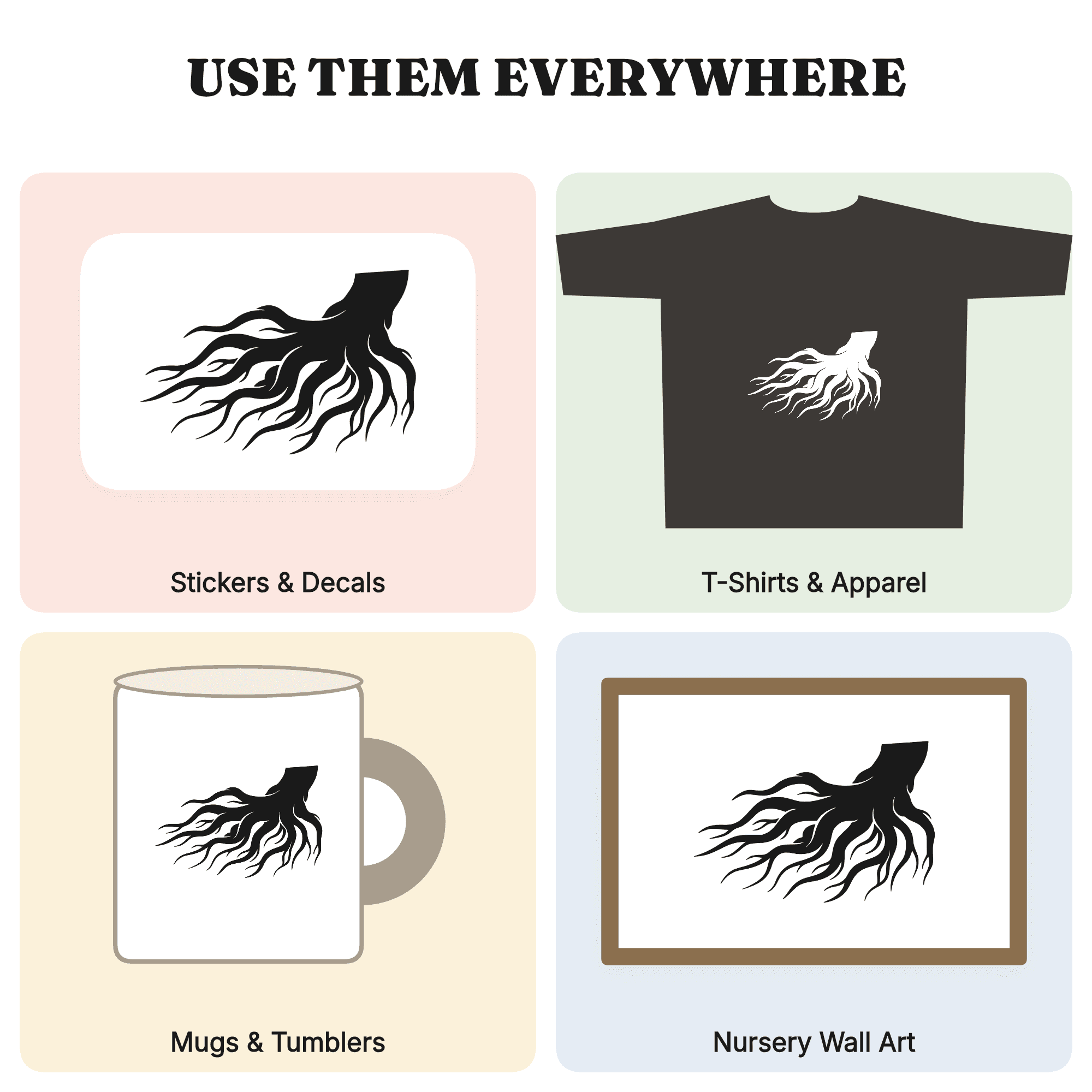 Gnarled Root System SVG PNG, Retro 70s Halloween Tree Roots Cut File, Spooky Tendrils Design, view 3