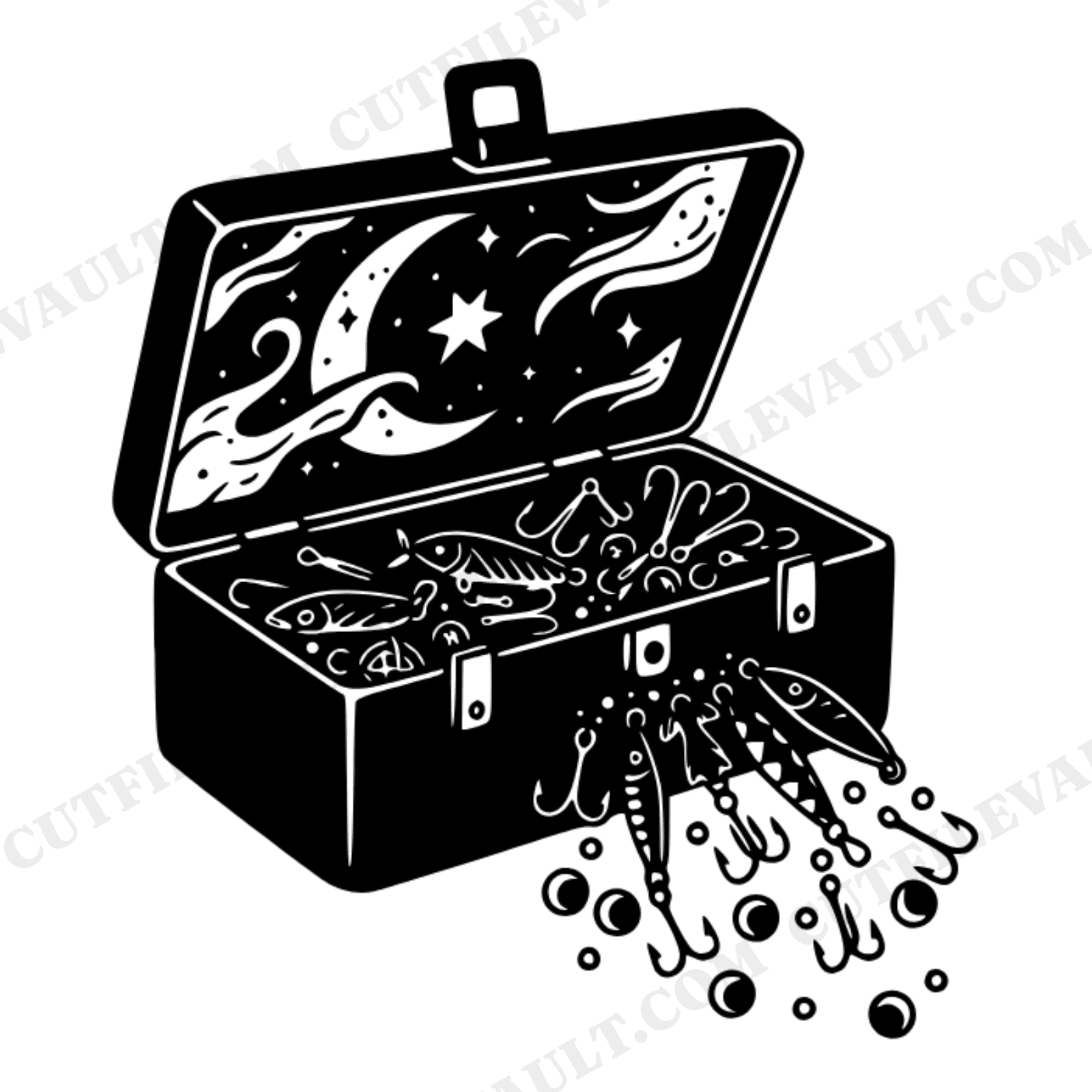 Mystical Tackle Box Moon Phase SVG PNG, Celestial Fishing Silhouette Cut File, Spooky Angler Design, view 1