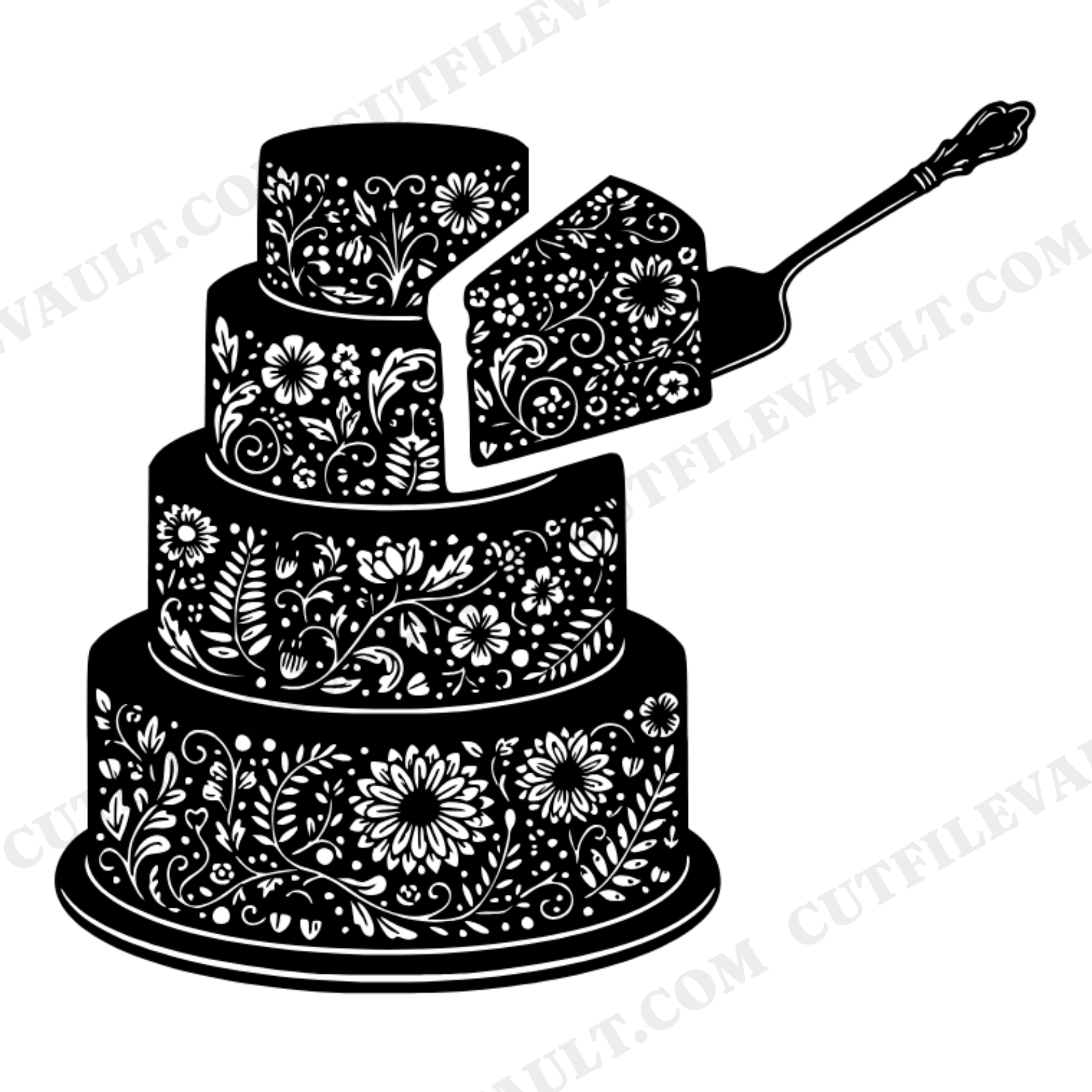 Vintage Botanical Fall Wedding Cake Slice SVG PNG, Tiered Cake Silhouette Cut File with Personalization Space, view 1