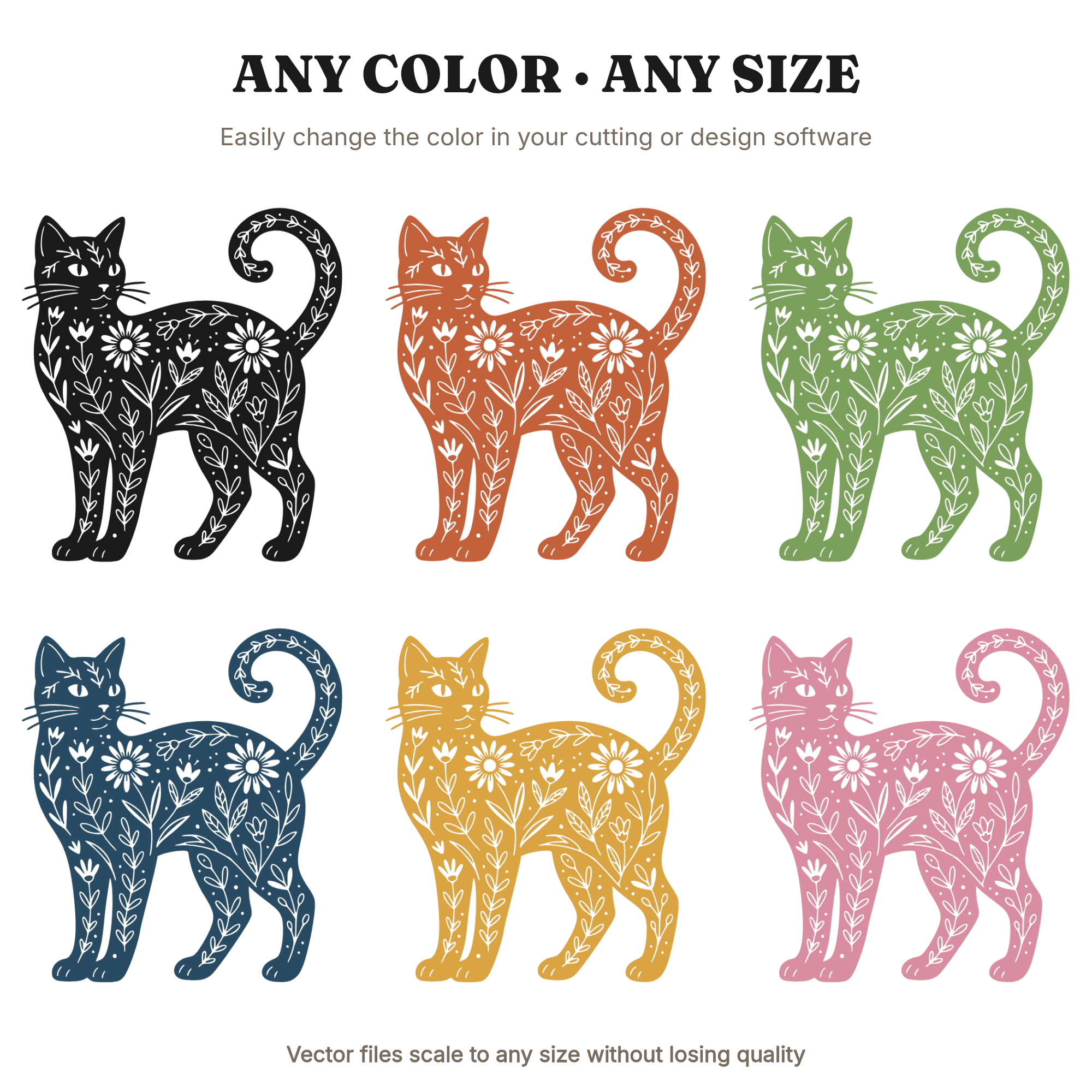 Halloween Black Cat SVG PNG with Cottagecore Florals, Vintage Botanical Cat Silhouette Cut File, view 2