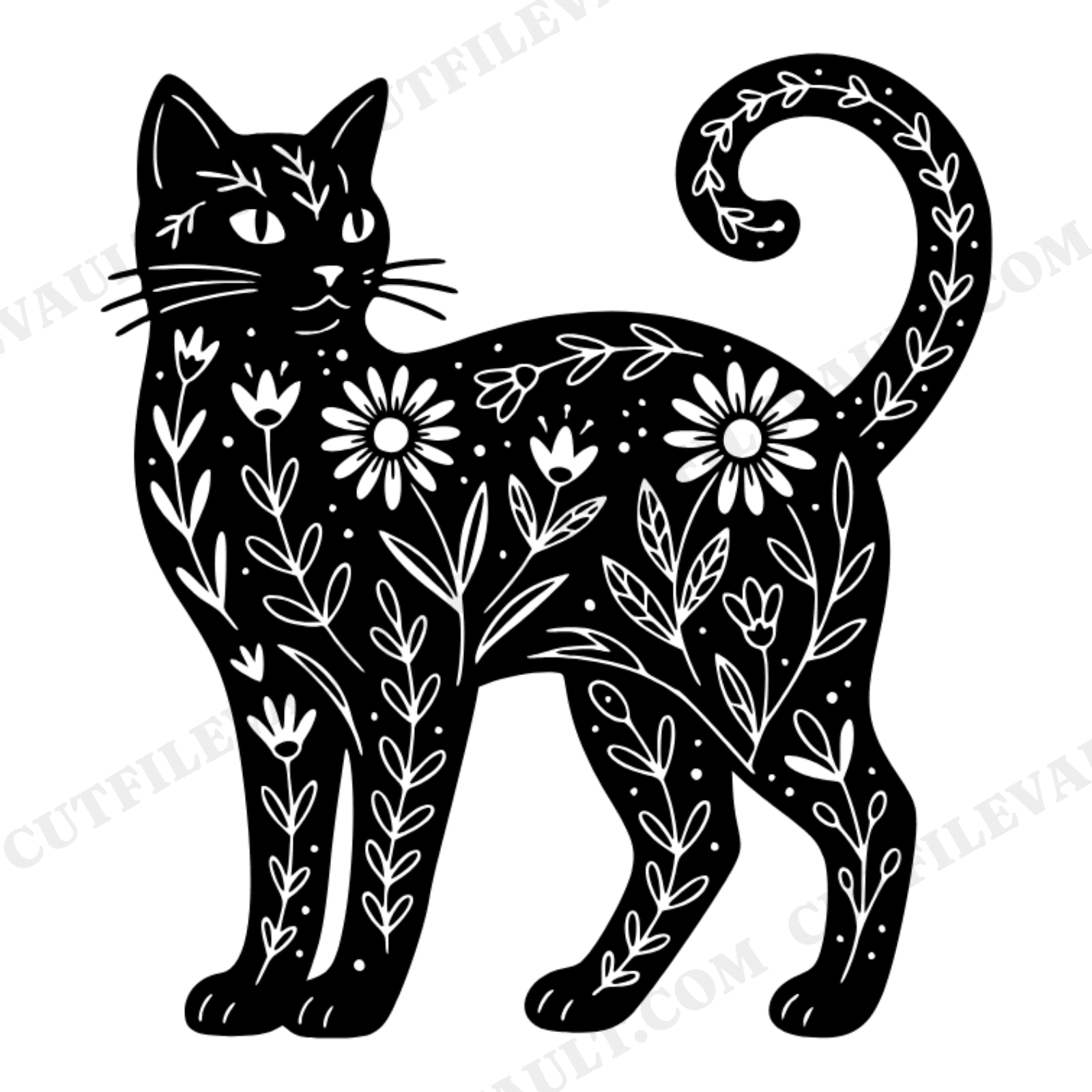 Halloween Black Cat SVG PNG with Cottagecore Florals, Vintage Botanical Cat Silhouette Cut File, view 1