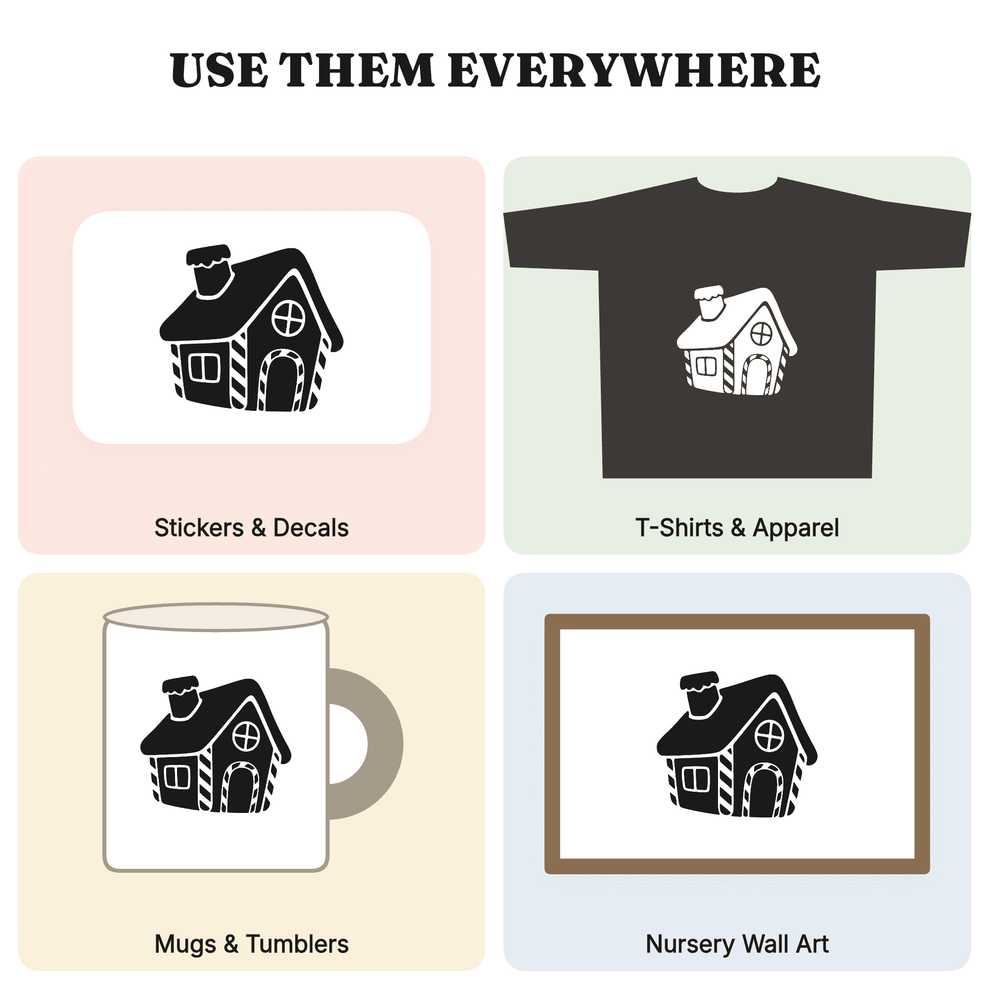Kawaii Gingerbread House SVG PNG Silhouette, Boho Christmas Nursery Cut File for Cricut, view 3