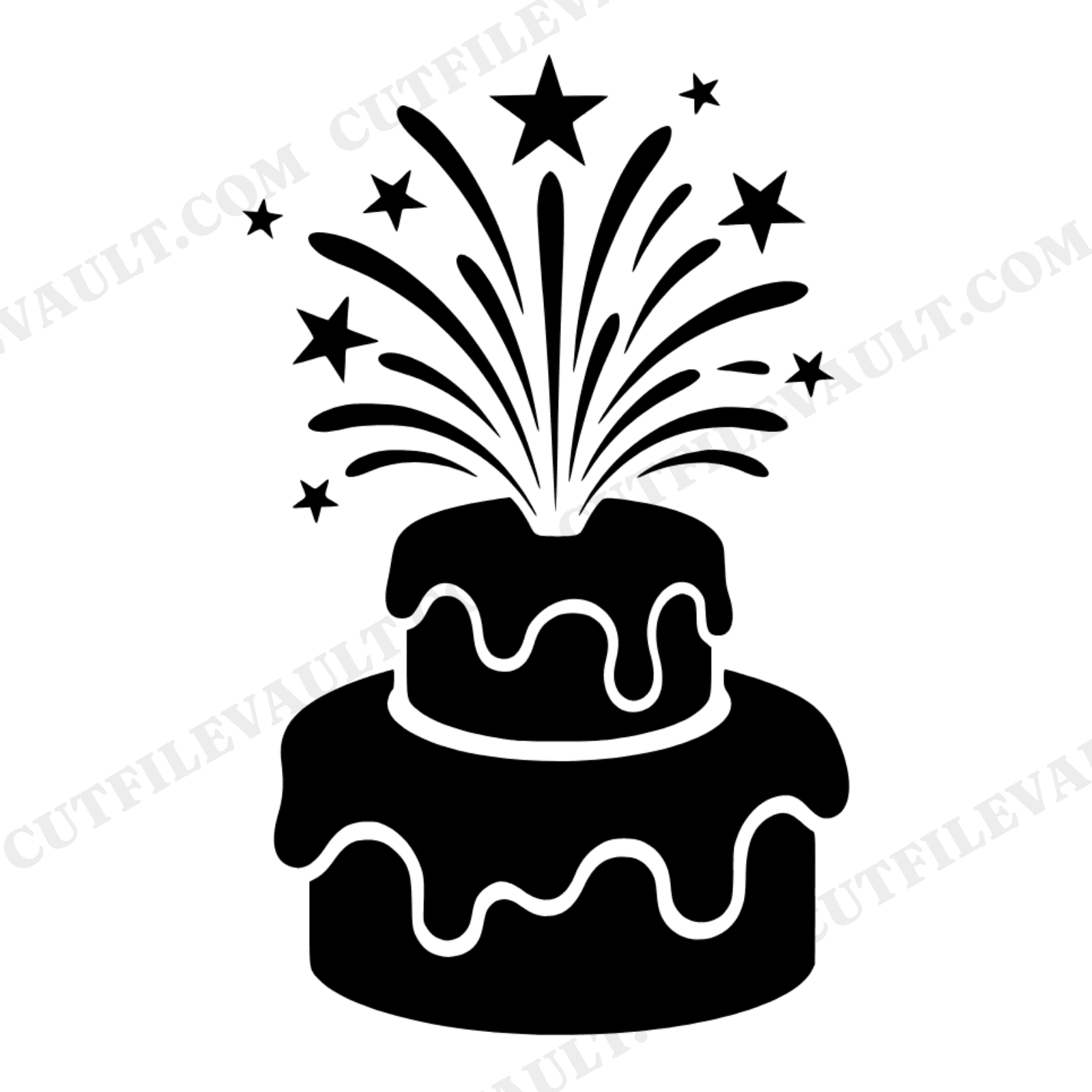 Three Tier Celebration Cake SVG PNG with Firework Bursts, New Year Party Decor Cut File, view 1