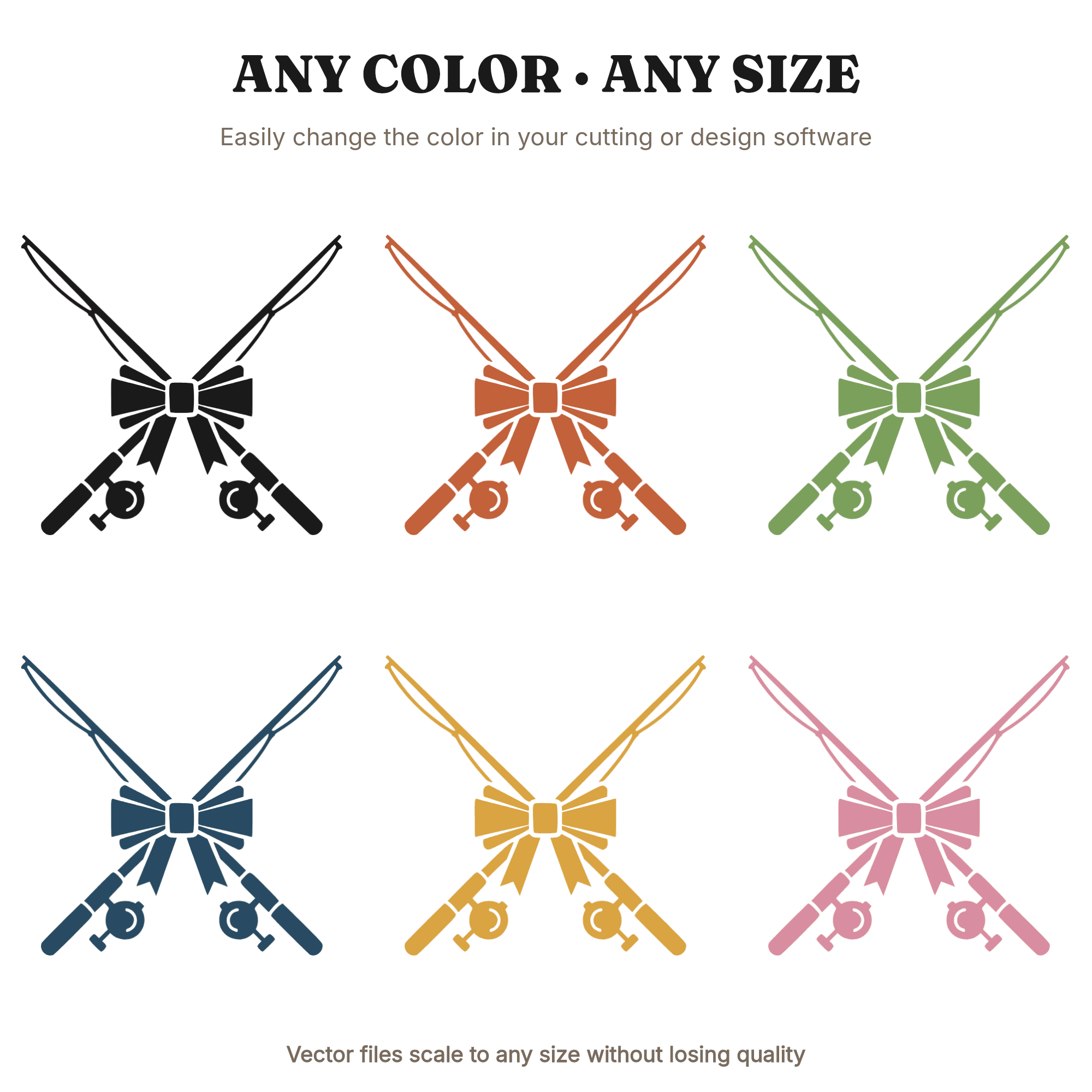 Art Deco Fishing Rods SVG PNG, Crossed Rods with Bow Cut File, Christmas Angler Ornament Design, view 2