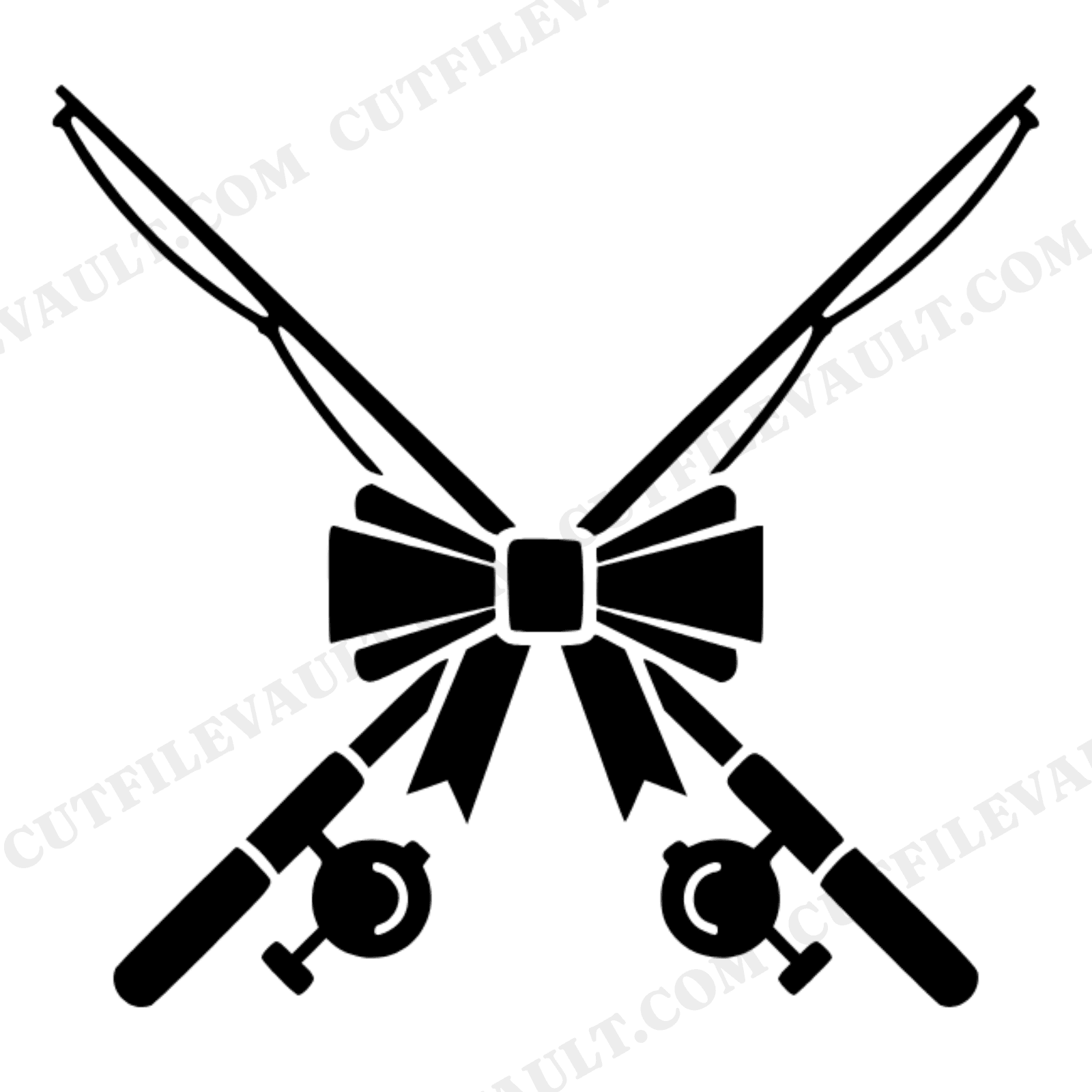 Art Deco Fishing Rods SVG PNG, Crossed Rods with Bow Cut File, Christmas Angler Ornament Design, view 1