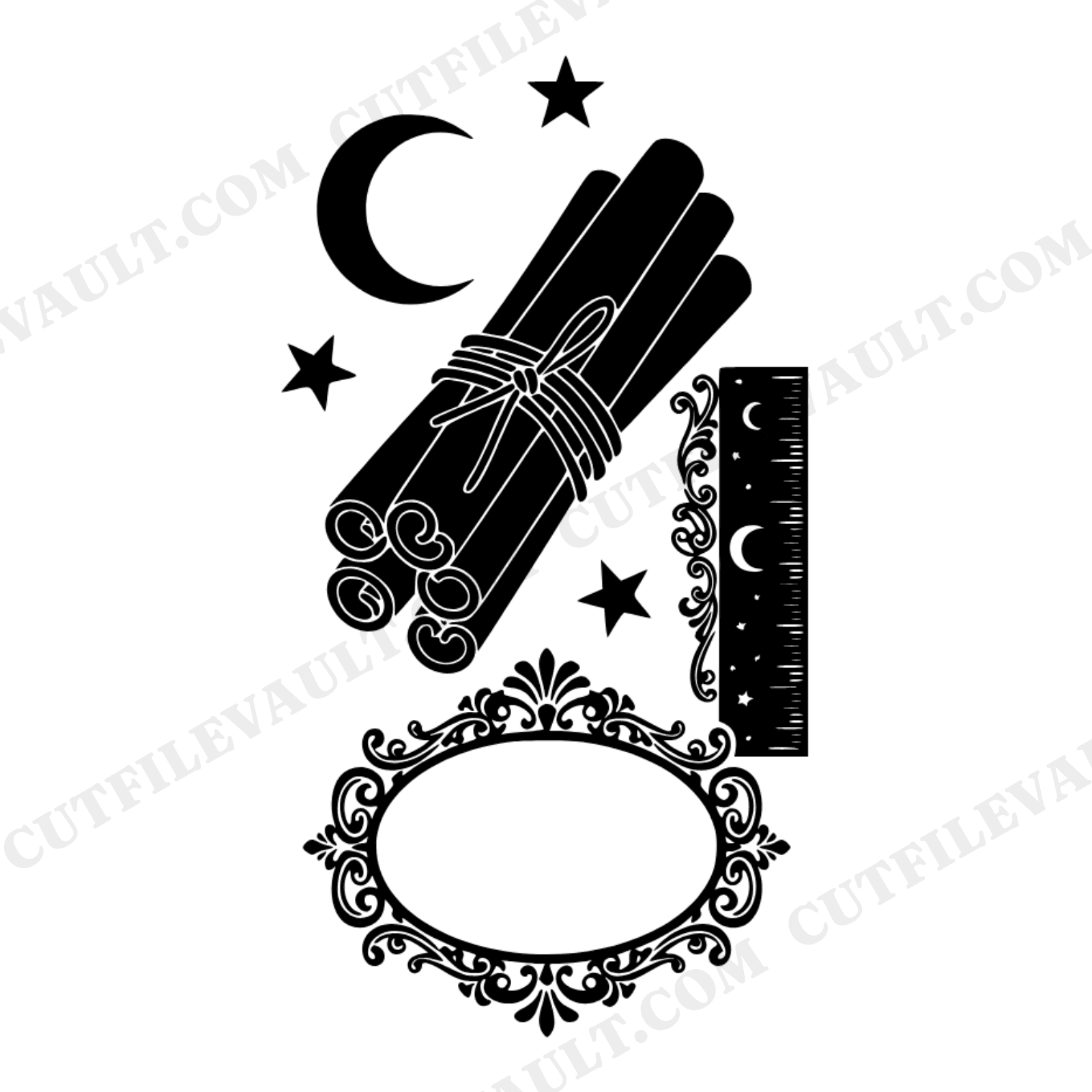 Celestial Cinnamon Herbarium SVG PNG, Vintage Botanical Specimen with Moon Stars, Fall Kitchen Decor, view 1
