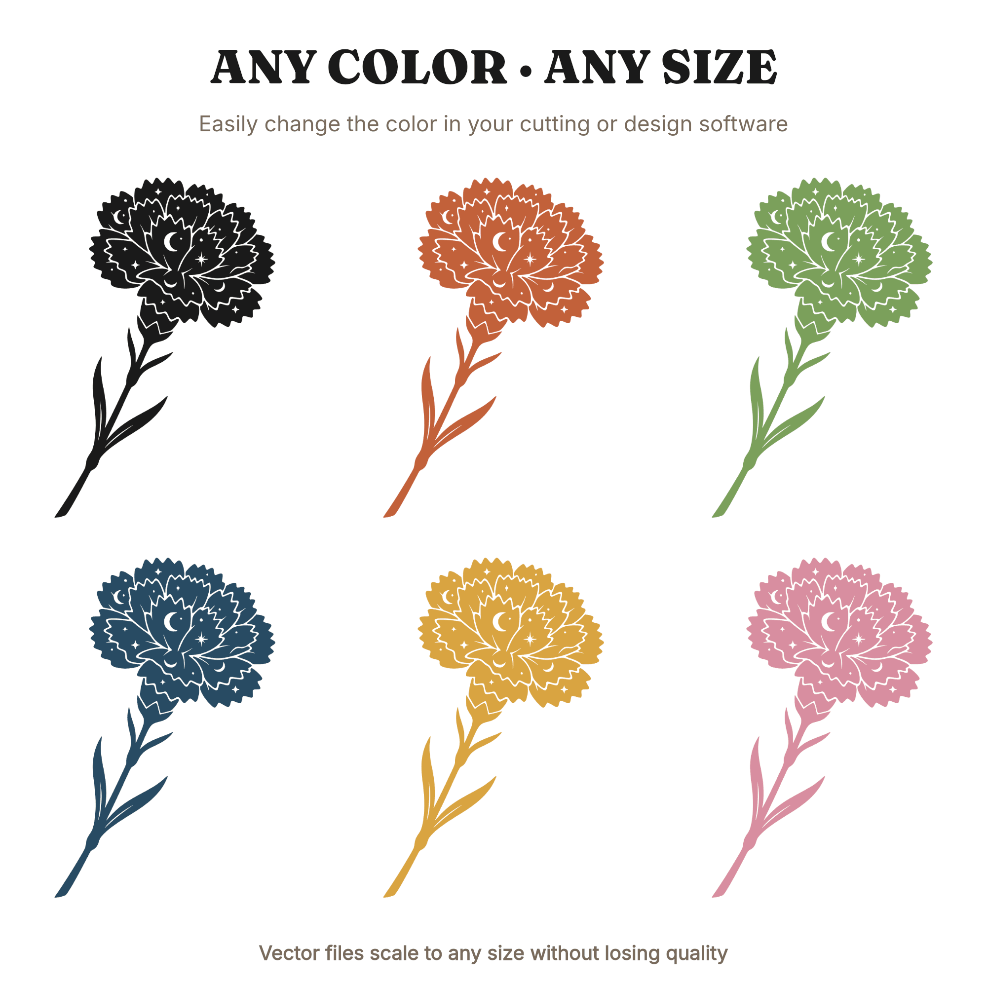 Celestial Carnation SVG PNG Moon Stars Floral Valentine Cut File Mystical Botanical Line Art, view 2