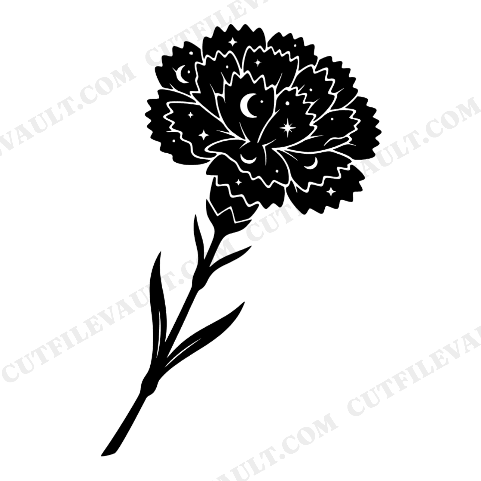 Celestial Carnation SVG PNG Moon Stars Floral Valentine Cut File Mystical Botanical Line Art, view 1