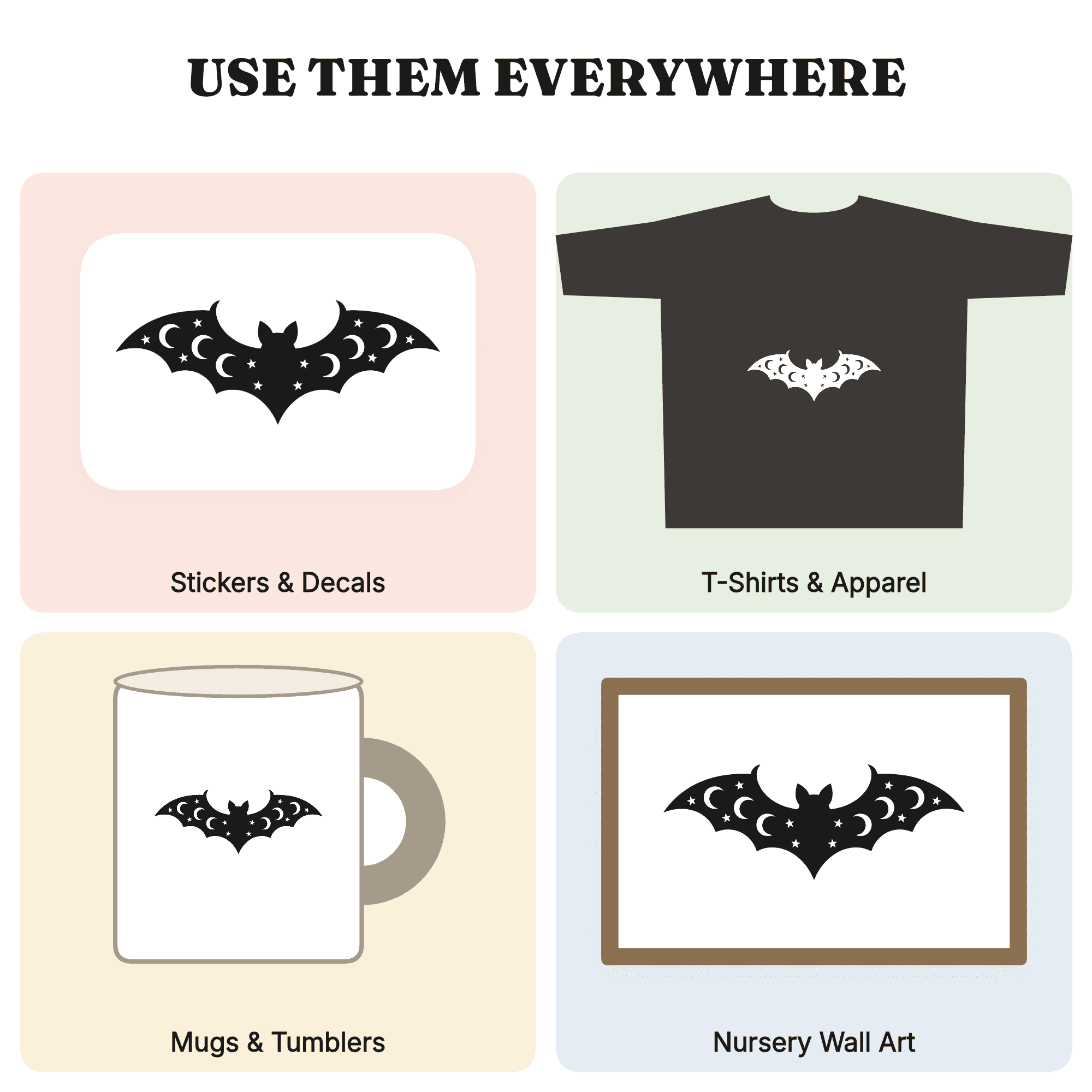 Celestial Bat SVG PNG, Crescent Moon Wings, Halloween Cut File, Mystical Bat Silhouette, Spooky SVG, view 3