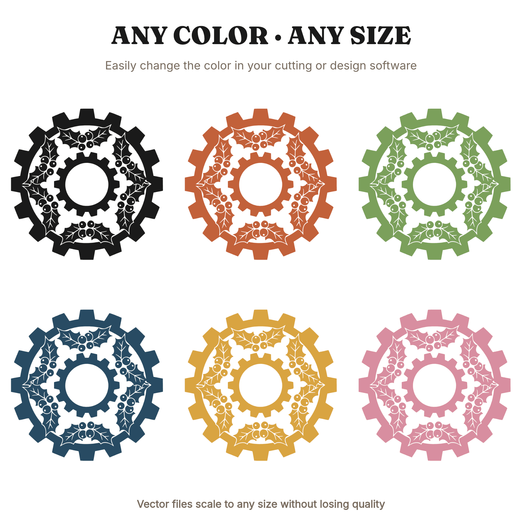 Steampunk Holly Gear Christmas Ornament SVG PNG Cut File Industrial Holiday Decor Workshop, view 2