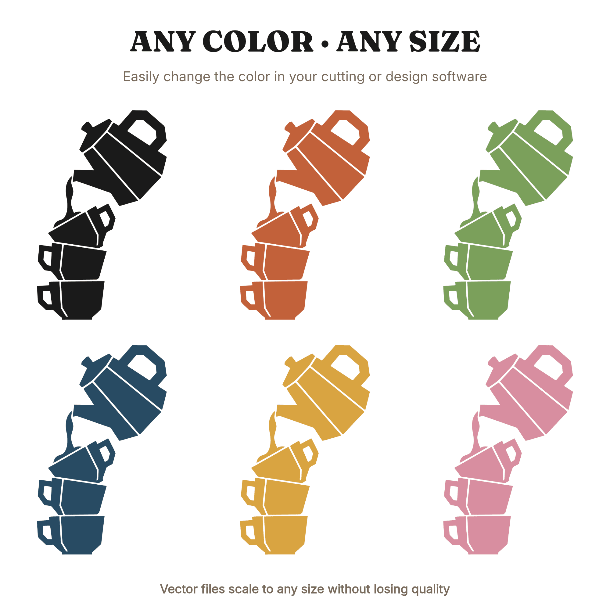 Vintage Coffee Pot Pouring Into Stacked Teacups SVG PNG, Brutalist Coffee Design Cut File, view 2