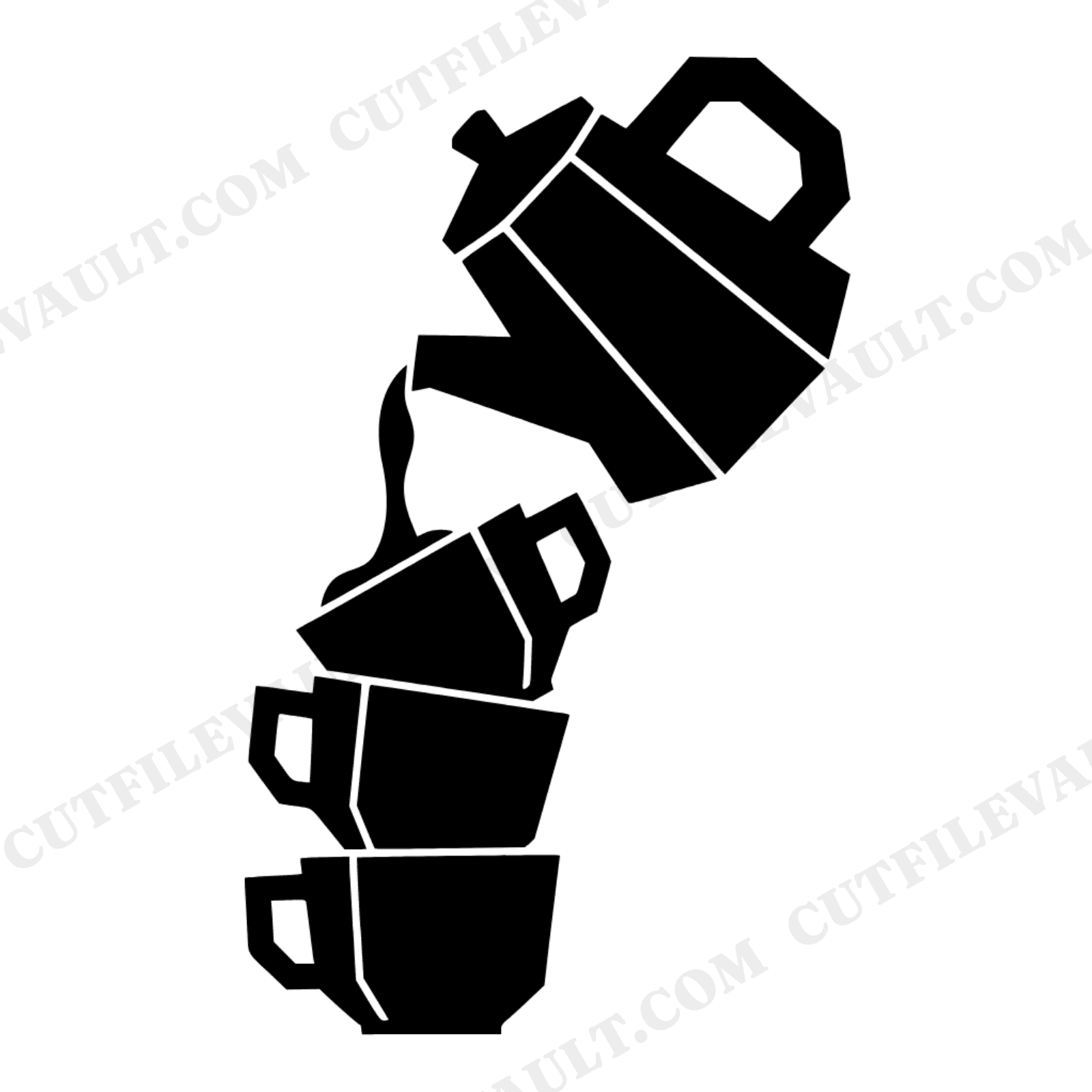 Vintage Coffee Pot Pouring Into Stacked Teacups SVG PNG, Brutalist Coffee Design Cut File, view 1