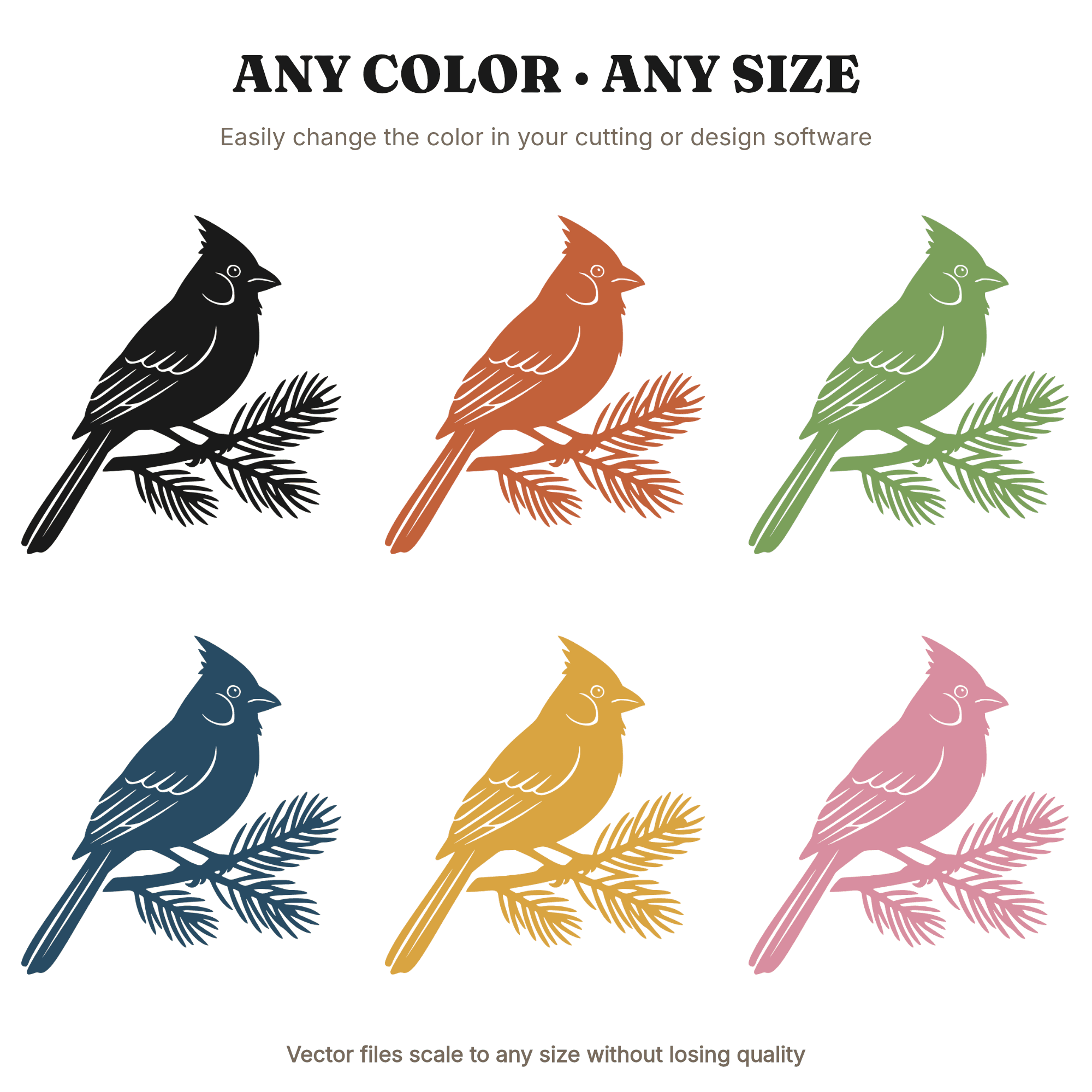 Cardinal on Pine Branch SVG PNG Winter Ornament Line Art Cut File for Christmas Cricut Crafts, view 2