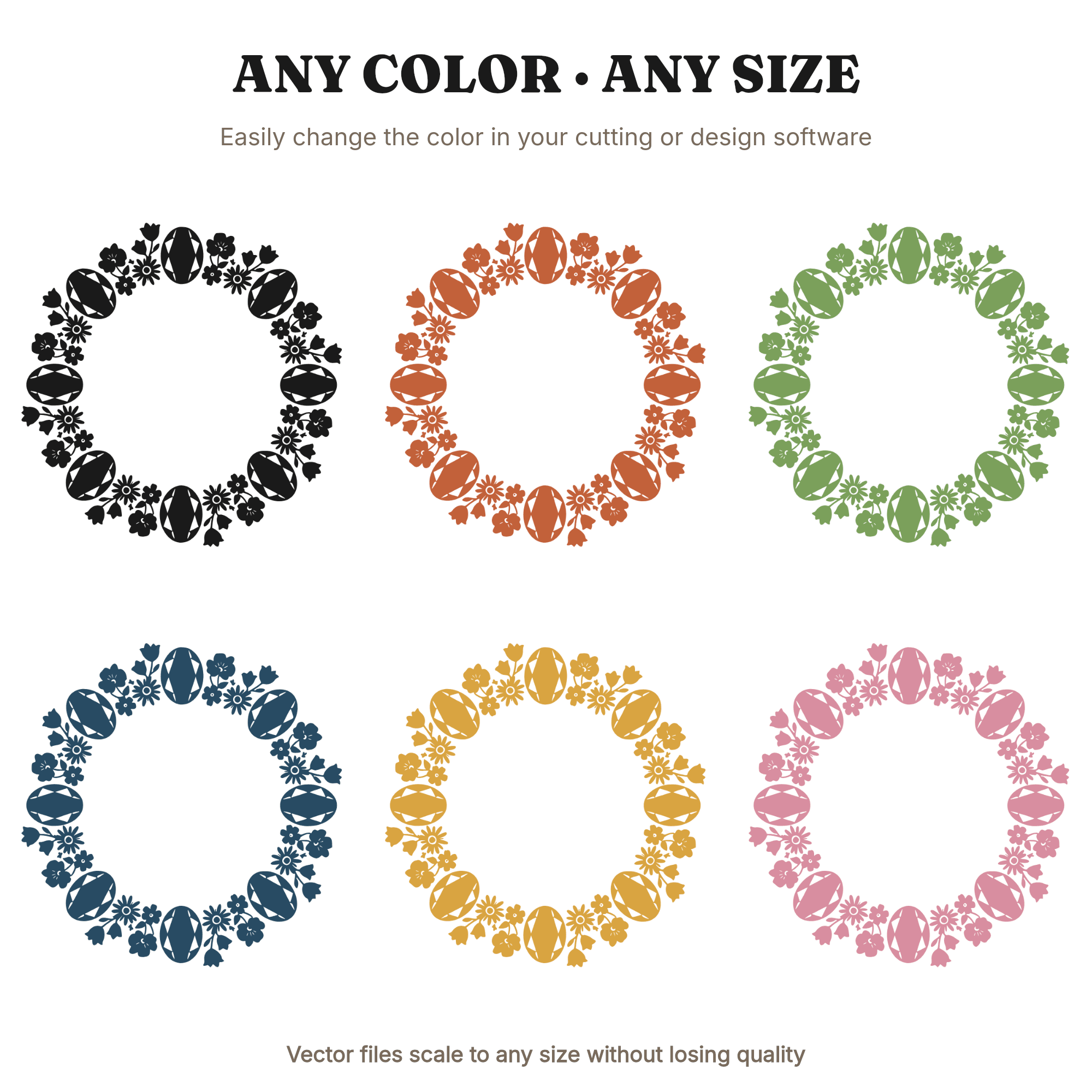 Oval Gemstone Wreath SVG PNG, Cottagecore Floral Wreath Cut File, Botanical Wedding Silhouette, view 2
