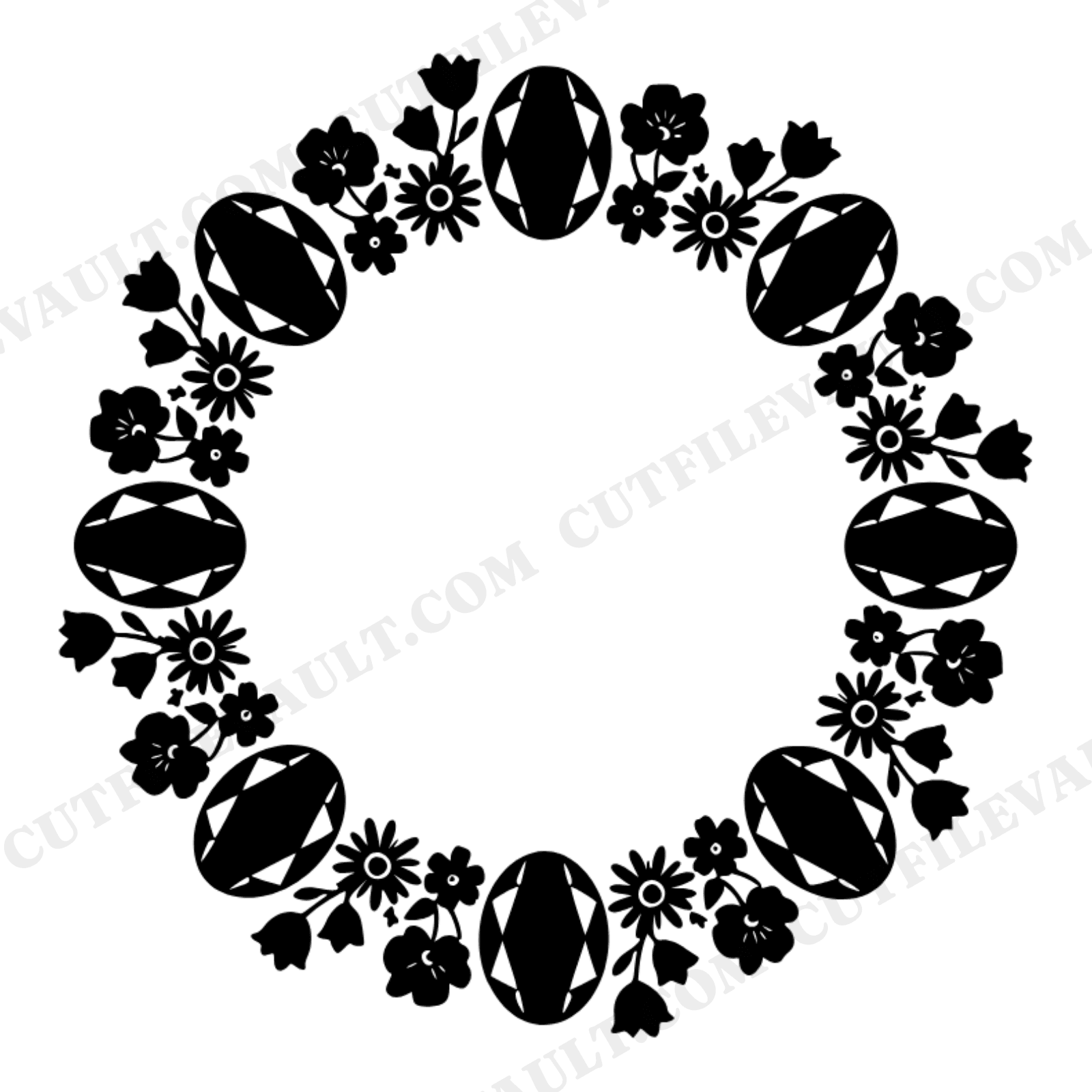 Oval Gemstone Wreath SVG PNG, Cottagecore Floral Wreath Cut File, Botanical Wedding Silhouette, view 1