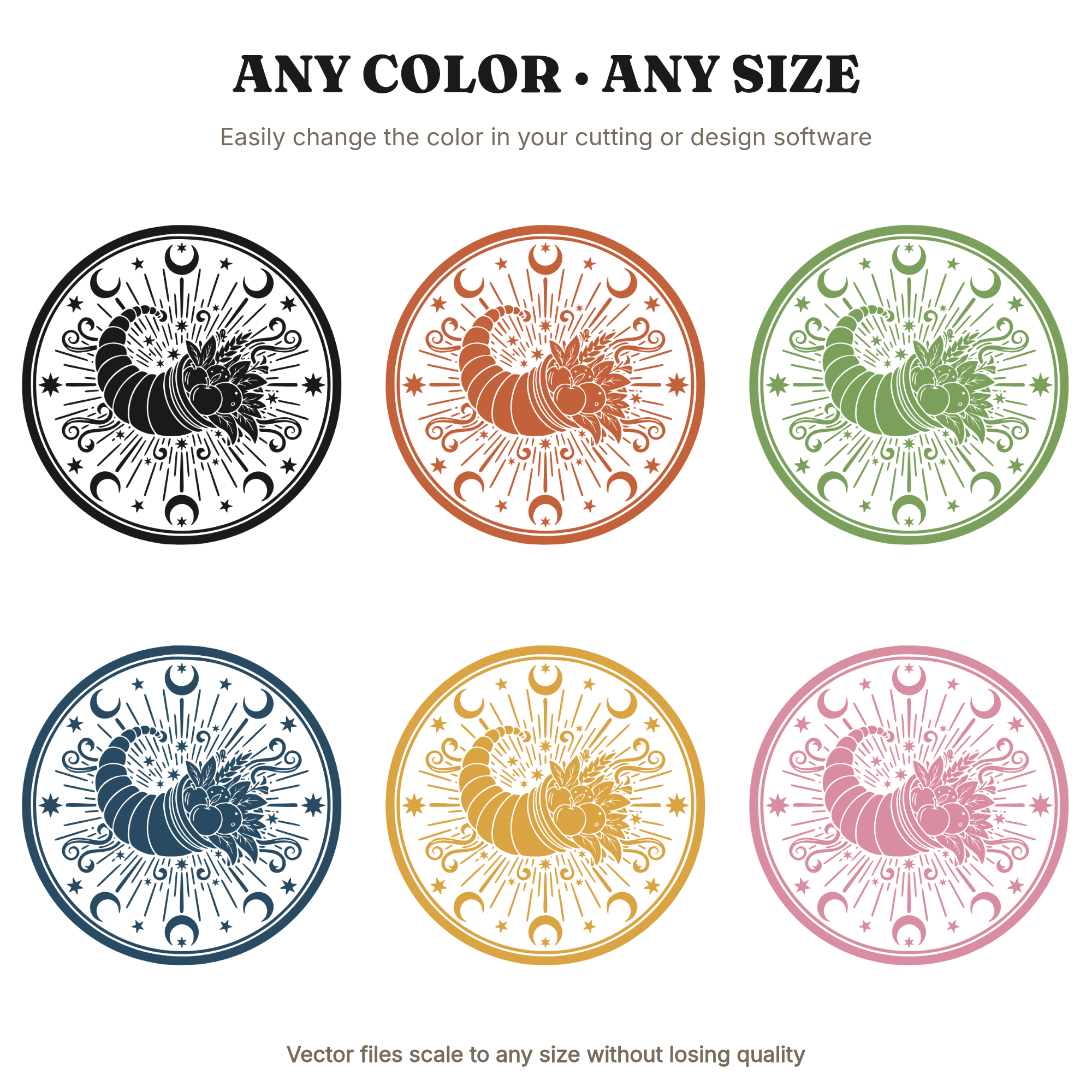 Celestial Cornucopia Wax Seal SVG PNG, Mystical Thanksgiving Medallion Cut File, Harvest Wall Art, view 2
