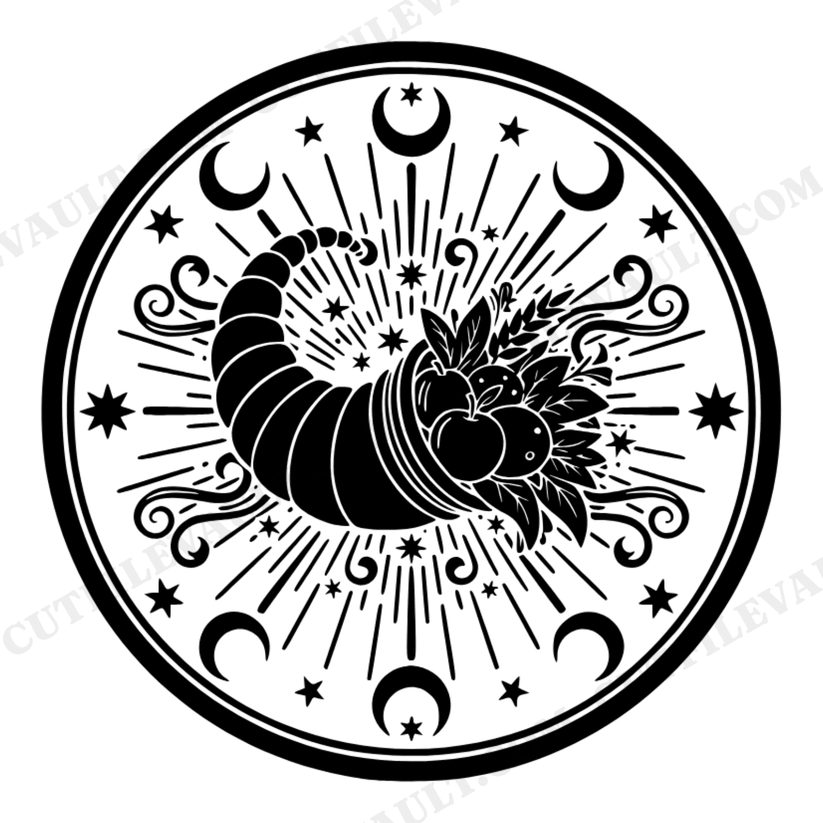Celestial Cornucopia Wax Seal SVG PNG, Mystical Thanksgiving Medallion Cut File, Harvest Wall Art, view 1