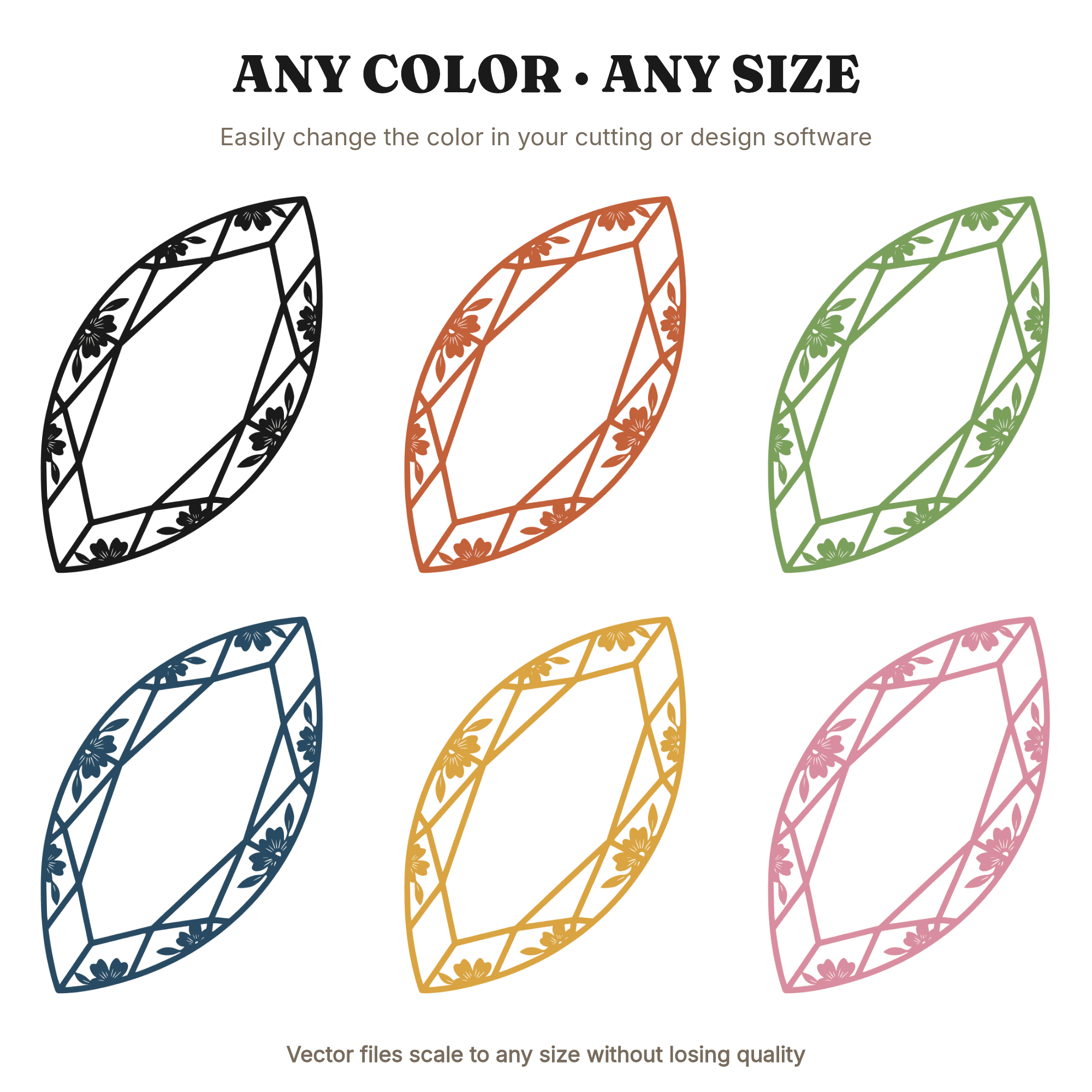 Diagonal Marquise Gemstone SVG with Floral Facets, Cottagecore Botanical Cut File PNG, view 2